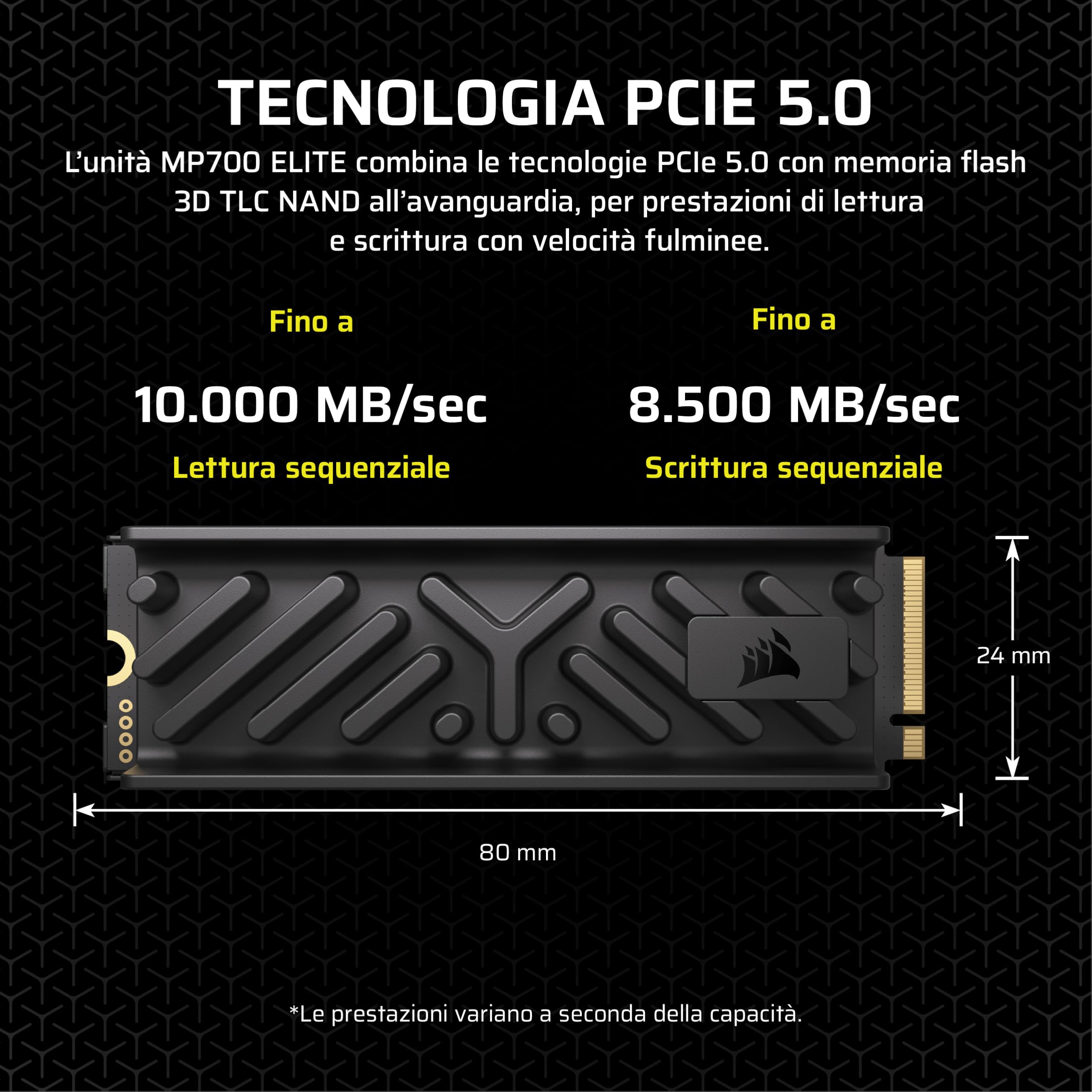 CORSAIR MP700 ELITE 1TB PCIe 5.0 x4 NVMe M.2 SSD – Dissipatore in Alluminio Incluso – Fino a 10,000MB/sec – Alta Densità 3D TLC NAND – M.2 2280 - Compatibile con DirectStorage – Nero