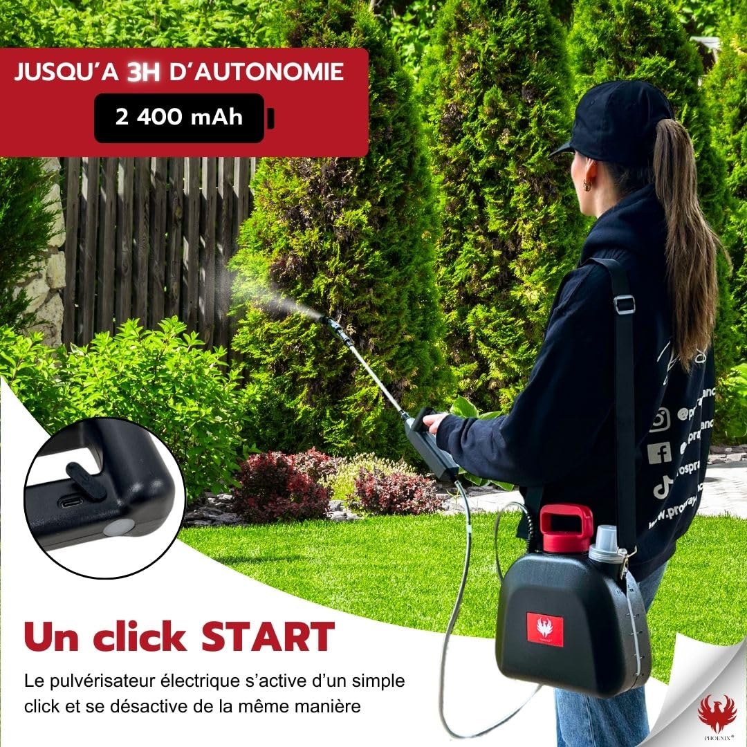 Phoenix - Pulvérisateur Electrique Easy Sprayer 5L – Pulverisateur de Jardin à Batterie Rechargeable avec 3h d’Autonomie, Pulverisateur avec Triple Buses (Cône, Éventail, Jet Douche), Léger, Robuste,