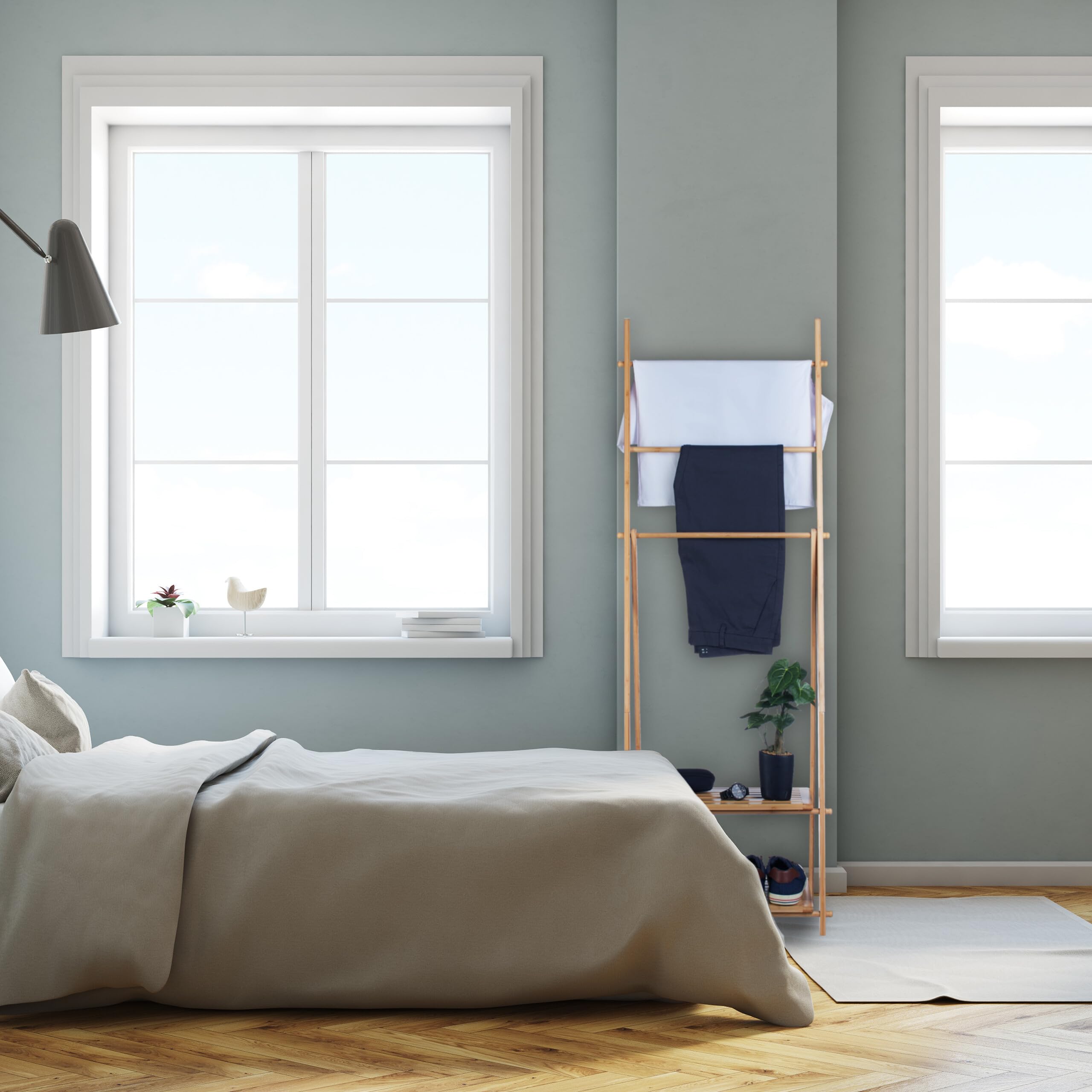 Relaxdays Bambusowy wieszak na ręczniki, 3 drążki, 2 półki, (wys. x szer. x gł.): 153 x 53,5 x 30 cm, wolnostojący, wieszak na ręcznik kąpielowy, naturalny, 1 sztuka