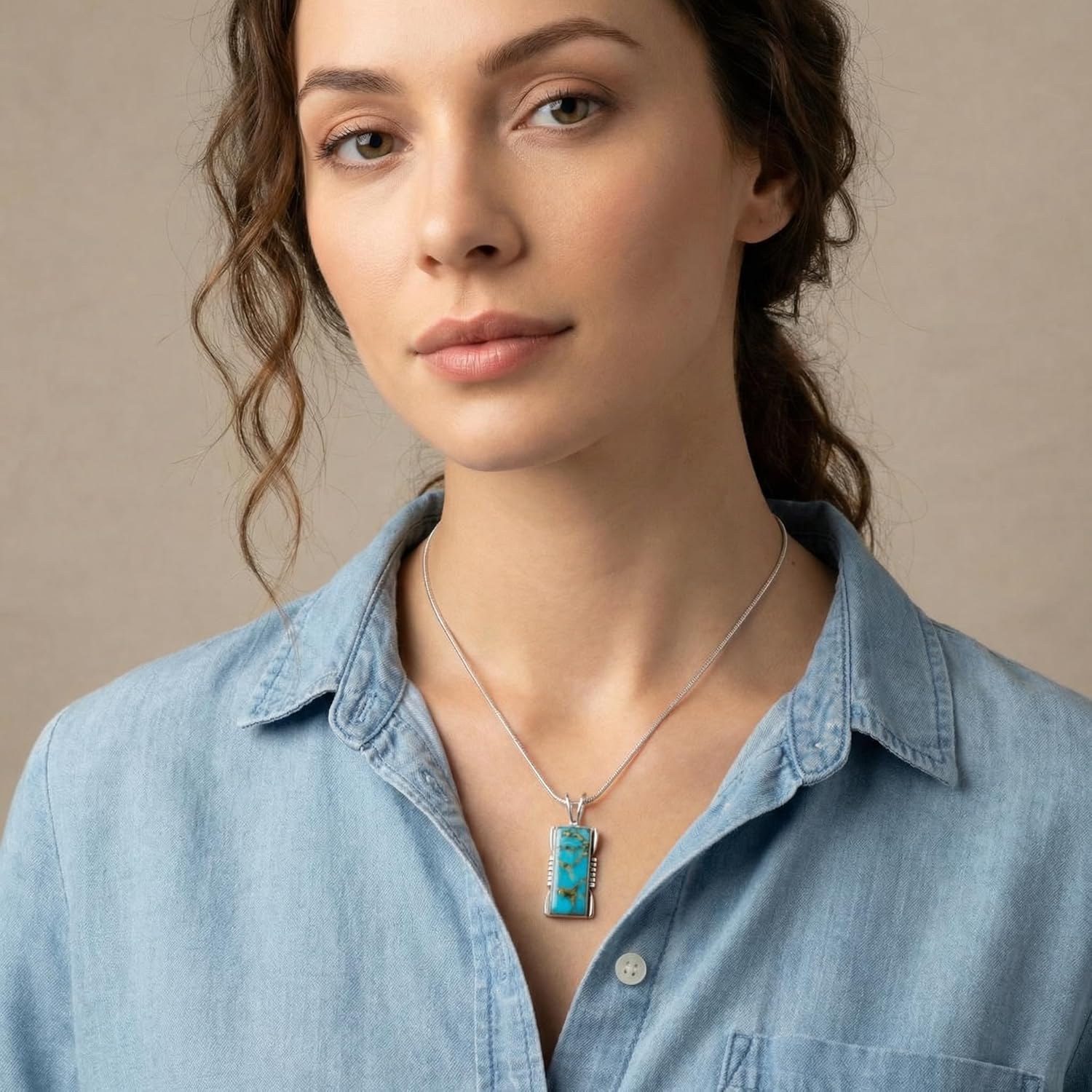 Turquoise Pendant Necklace 20" Sterling Silver 925 Genuine Gemstones