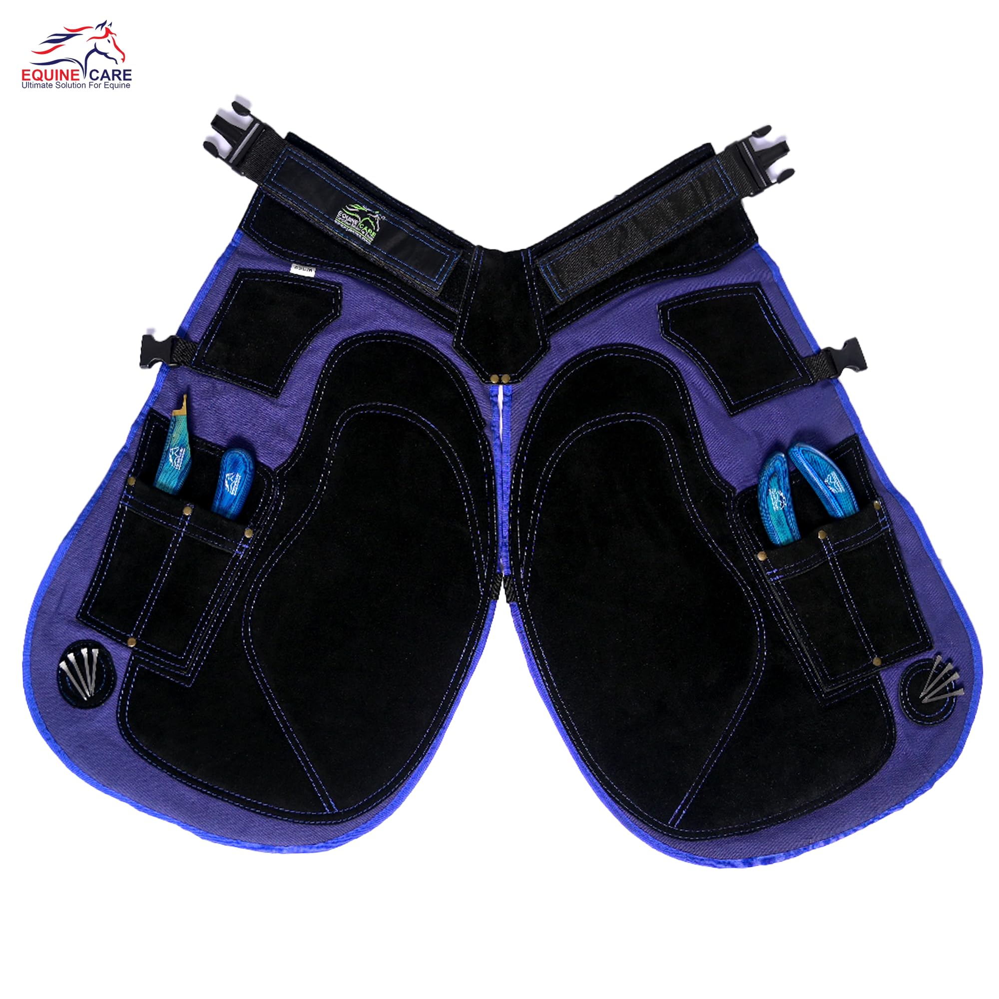Equine Care Grembiule, grembiule con 4 tasche per coltelli e 2 calamite per chiodi, in pelle e tela, lunghezza 65 cm, colore: blu e nero