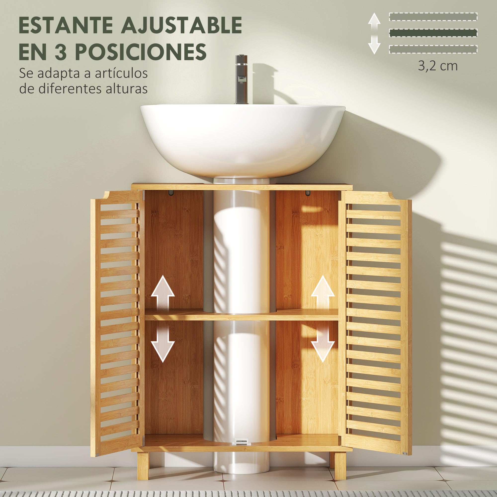 HOMCOM Mueble Bajo Lavabo de Bambú 2 Puertas de Lamas 60x30x80cm Natural | Estante Regulable, Mueble de Baño, para Lavabos con o sin Pedestal