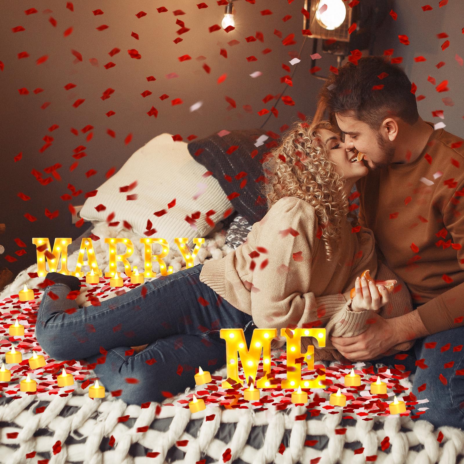 4080 Stück Marry Me Schild Antrag Dekorationen beleuchtete Marry Me Buchstaben mit 72 Stück romantischen Herzkerzen 4000 Stück Rosenblätter USB romantisches Nachtlicht für Valentinstag, Verlobung,