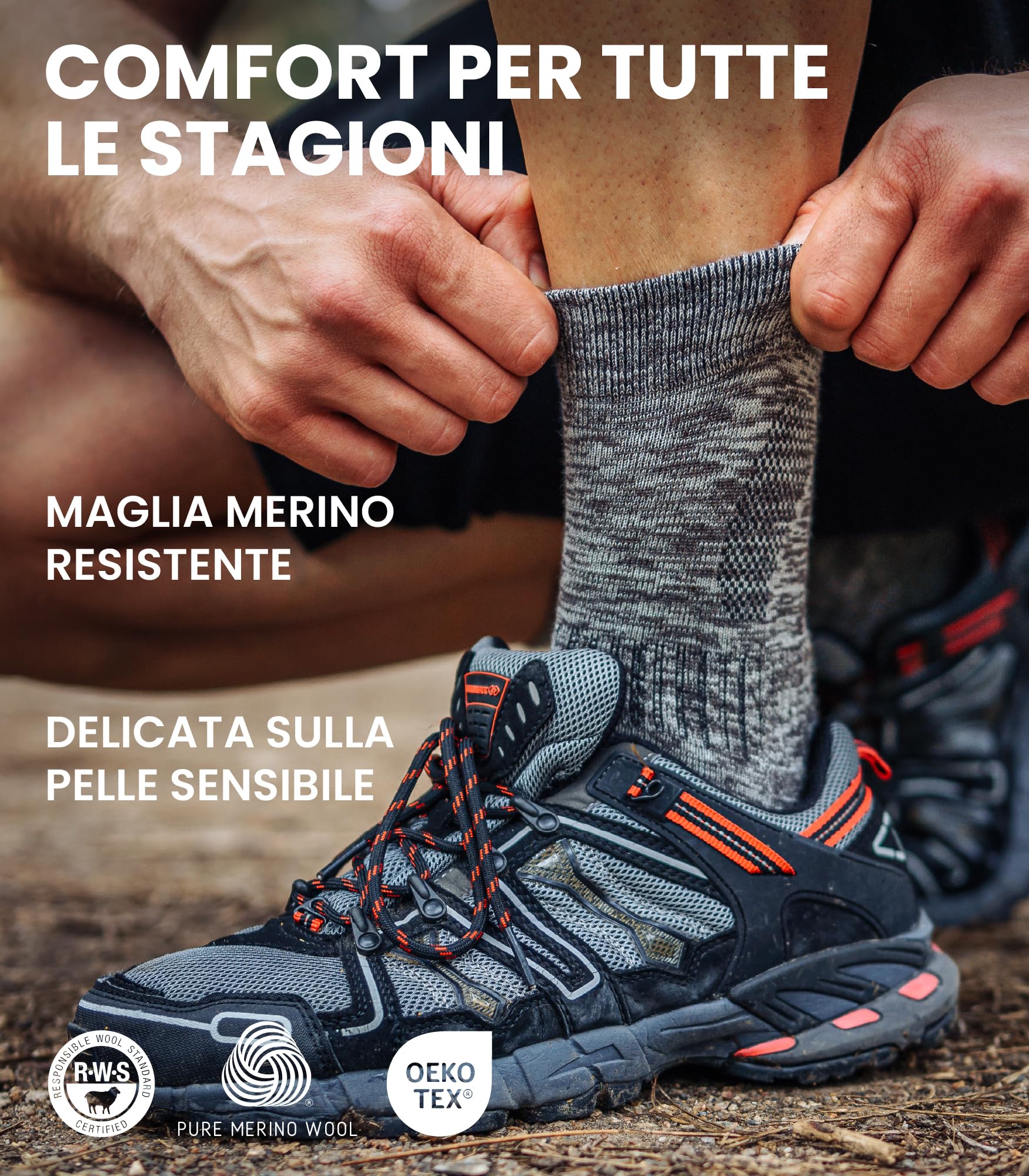 Merino.tech Calze Lana Merino Uomo e Donne - Termici Running Trekking | Calzini Stile Crew, Suola Imbottita, Anti-Vesciche, Anti-Odore, Traspiranti, Resistenti, Morbide, Facili da Curare