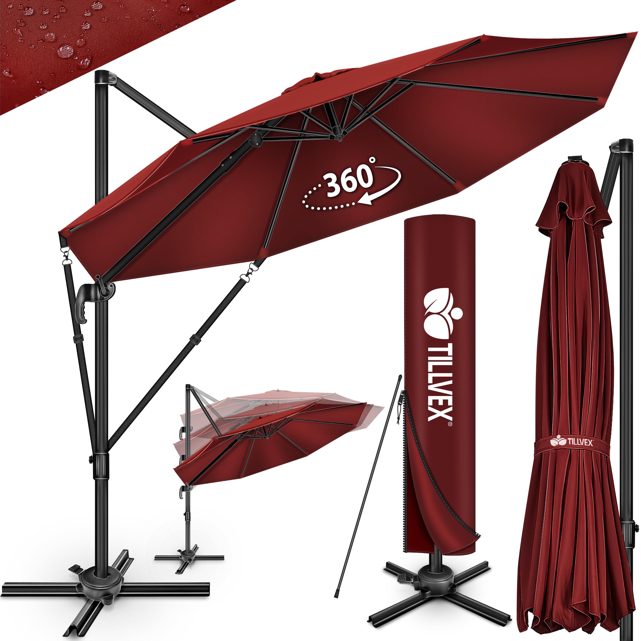 tillvex® Sombrilla Premium 330cm con manivela, cubierta y protección contra el viento, 6 posiciones ajustable con manivela, Parasol de jardín giratoria 360° & inclinable