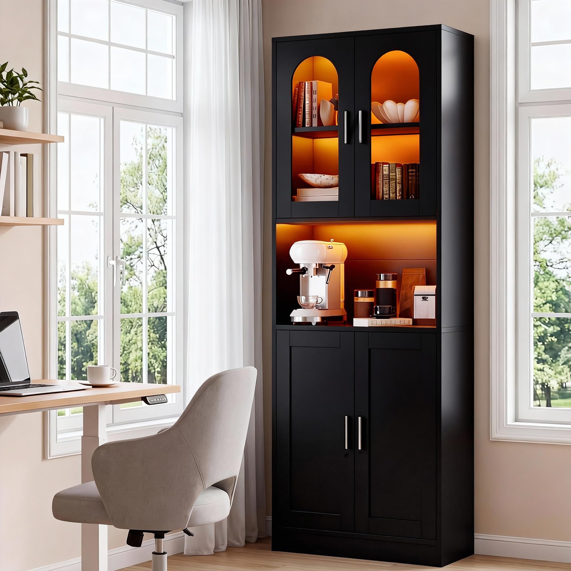 YITAHOME Hochschrank Küchenschrank, Vorratsschrank mit Glastüren and LED-Beleuchtung, Vorratsschrank, Hoher Buffetschrank Weinschrank mit Verstellbaren Einlegeböden für Küche Esszimmer Wohnzimmer