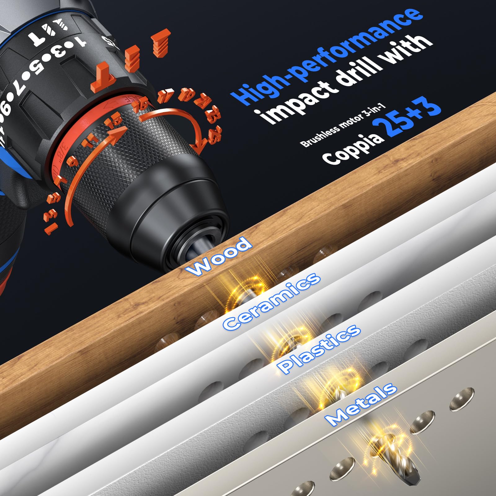 Wkrętarka akumulatorowa – maks. moment obrotowy 65 Nm, 25+3 ustawienia momentu obrotowego, wiertarko-wkrętarka akumulatorowa 21 V z 2 akumulatorami 2000 mAh, 2 prędkości, 28 akcesoriów, LED, niebieska