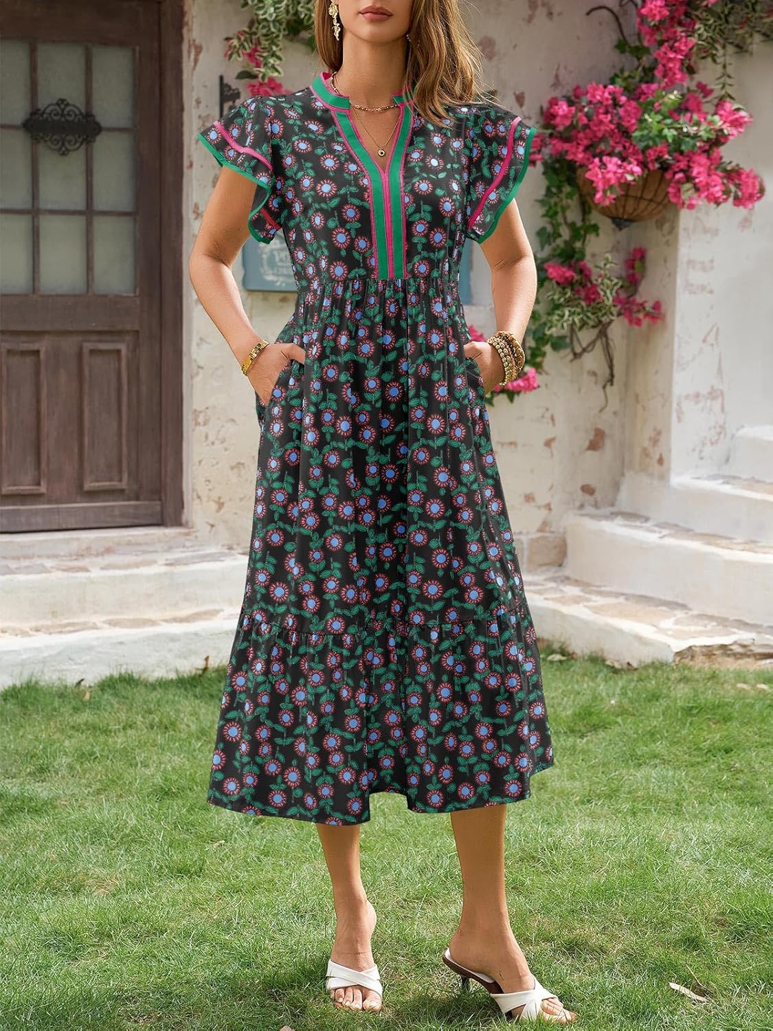 Wenrine Womens Summer Floral Midi Dresses Ruffle Cap Sleeve V Neck Flowy Boho Casual Beach Vacation Sundress - Image 4