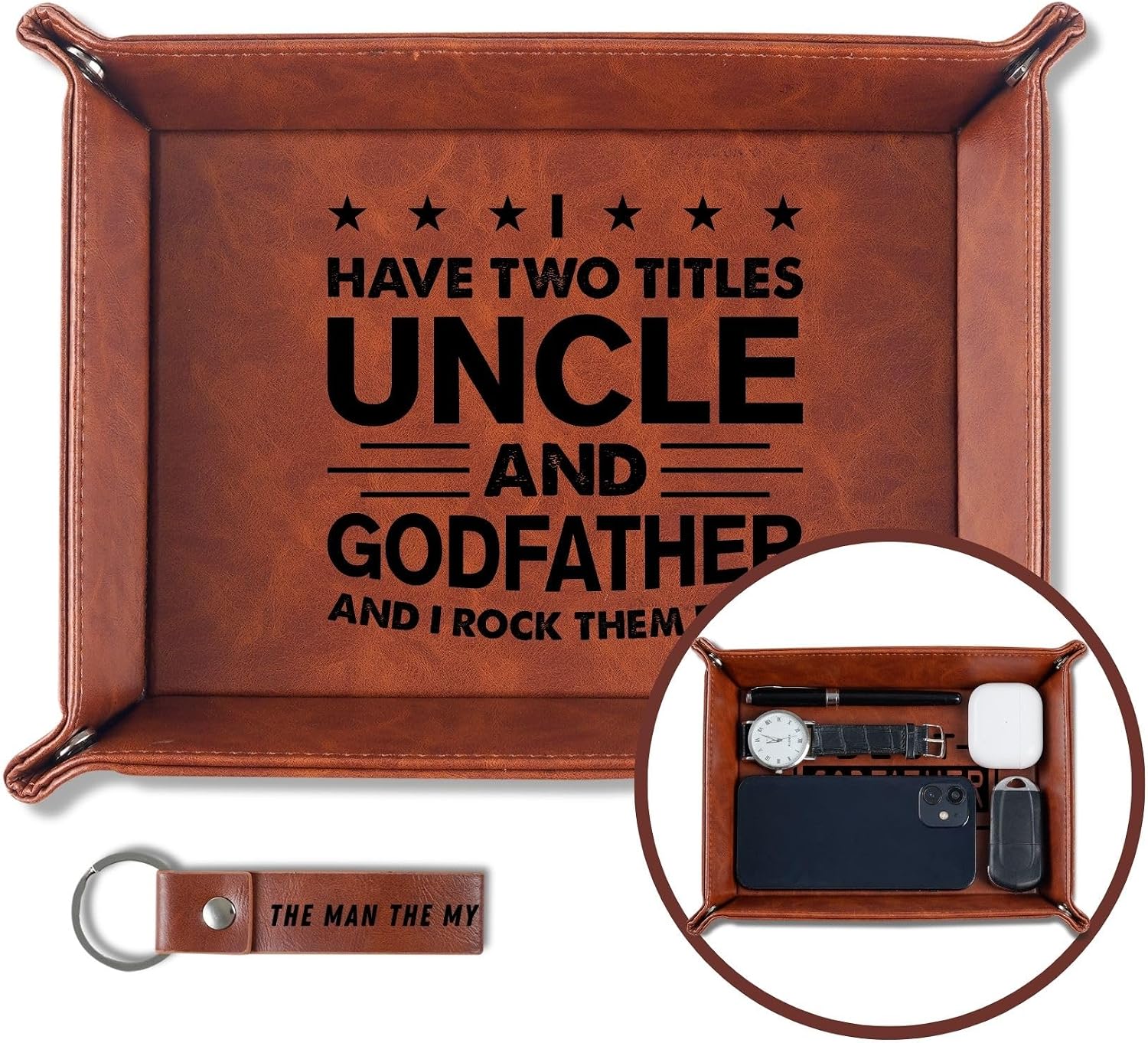INNObeta Godfather Gifts Valet Tray, Desktop Storage Organizer PU Leather Bedside Tray Key Coin Holder for Godfather, Perfect for Birthday, Christmas Father's Day - I Have 2 Titles
