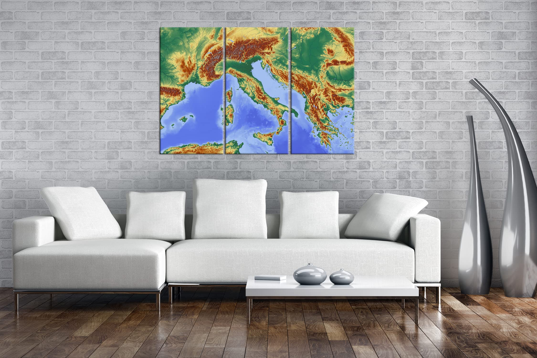 Mapa de los Alpes (Lienzo, Marco de Madera auténtica, impresión Digital Marco, sin póster ni Cartel), Dreiteilig (120x80)
