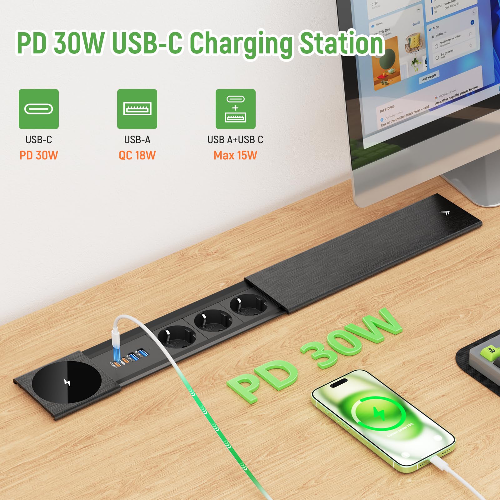 Listwa zasilająca z 3 gniazdami USB C PD20 W, do zabudowy, z USB i bezprzewodową ładowarką 15 W, metalowa pokrywa, wpuszczane gniazdko, do kuchni, biura, czarna, kabel 2