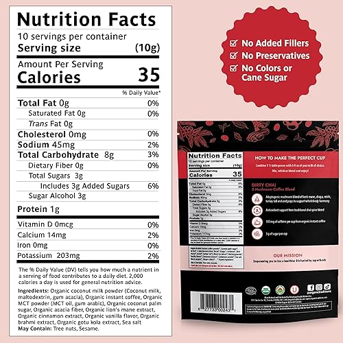 Miniatura 2 de Organic Traditions Mezcla de café de hongos sucios Chai, café instantáneo 100% orgánico de hongos con chaga, cordyceps, reishi, melena de león, cola