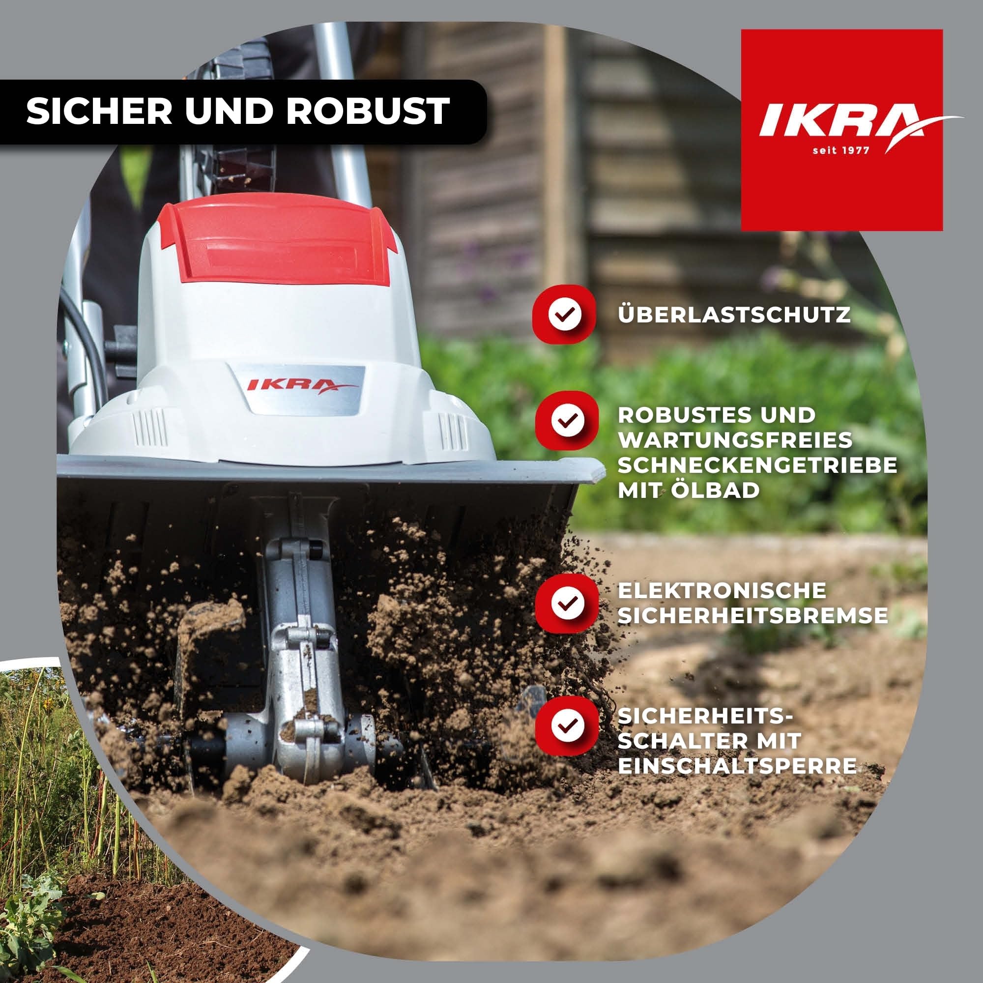 IKRA Elektro Bodenhacke IEM 800S, Arbeitsbreite 30cm, Arbeitstiefe 20cm | Boden lockern und Saatbett vorbereiten, 800W, Bremssporn, Transportrad, platzsparend zusammenklappbar, Überlastschutz