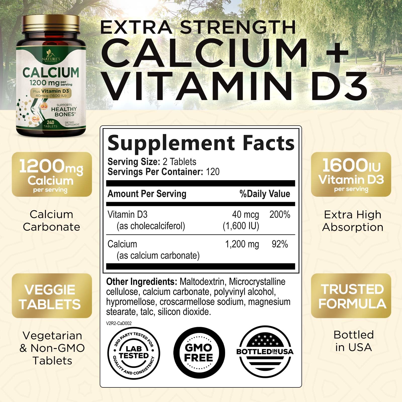 Calcium 1200 mg with Vitamin D3 - Bone Health Supplement, Vitamin D & Calcium Supplements for Women & Men - Bone Strength, Teeth & Immune Support, Nature's Calcium Pills, Bottled in USA - 240 Tablets — Amazon image 2