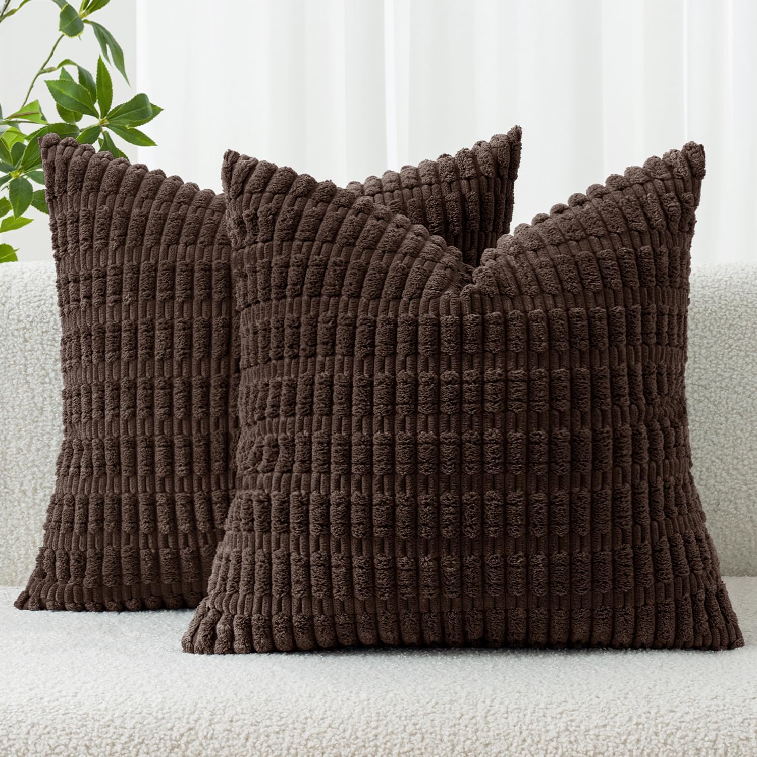 MIULEE Corduroy Decorative Throw Pillow Covers 18x18 Dark Brown Pack of 2 | Soft Boho Striped Pillow Covers Modern Farmhouse Fall Home Decor For Sofa Living Room Couch Bed 18" x 18" (Pack of 2) Dark Brown 2