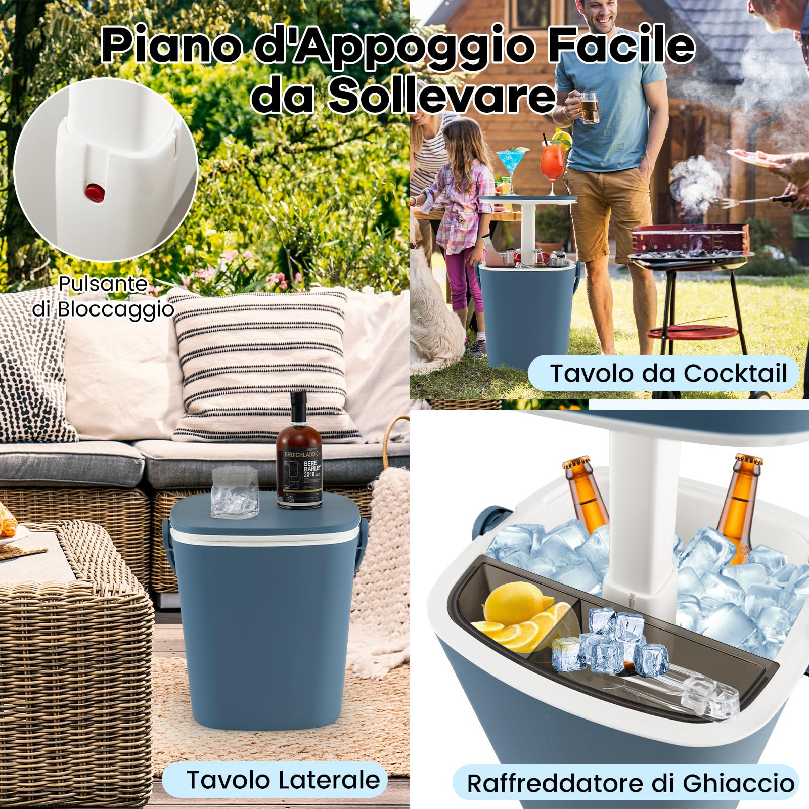 COSTWAY 3-in-1 Cool Box Portatile 15L con Piano Rialzabile 34 x 35 x 37-58 cm, Secchiello Ghiaccio con Apribottiglie e Pinza per Alimenti, Tavolino Portaghiaccio, per Piscina e Spiaggia (Blu)