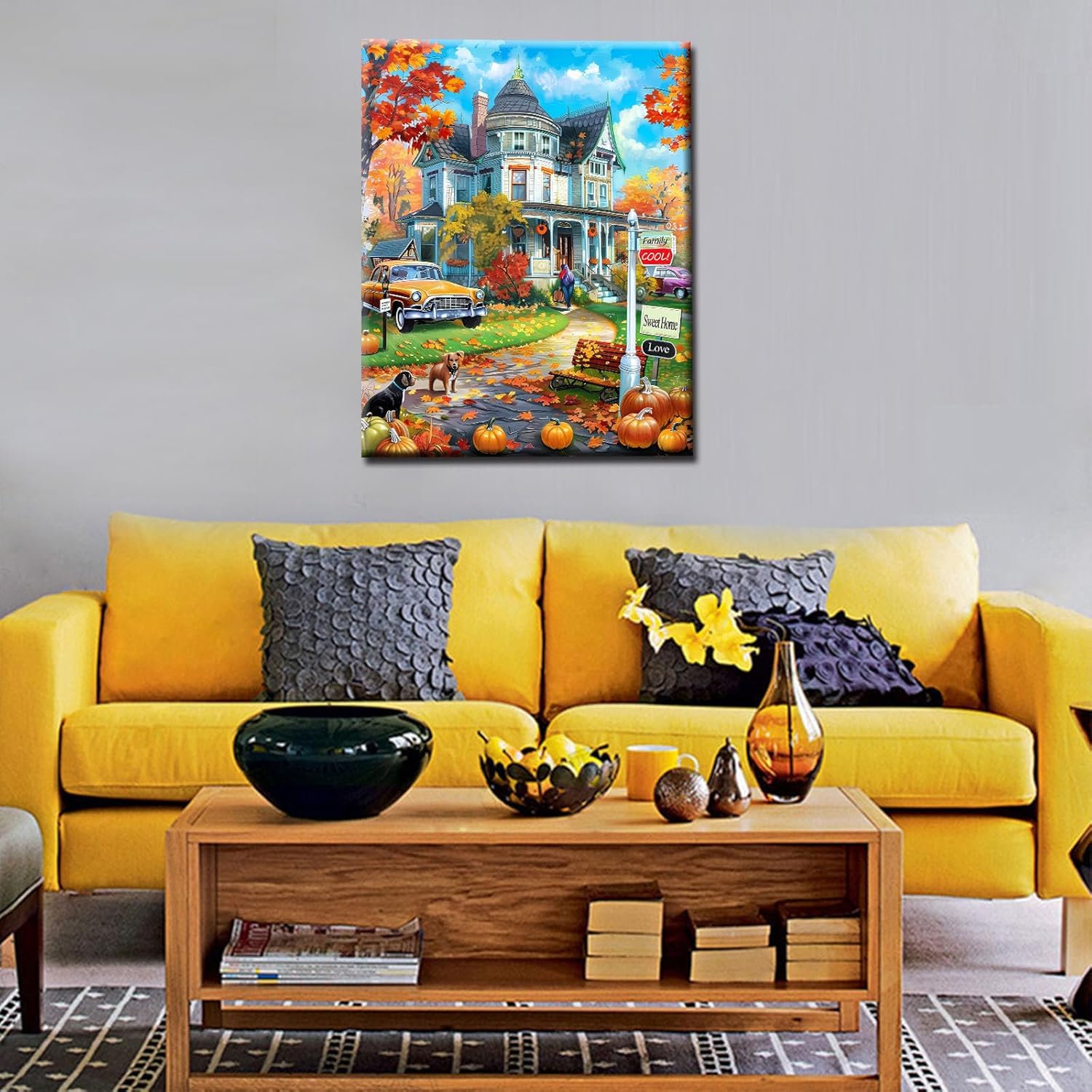 American Castle Paint by Numbers Kits 16x20 inch Canvas Yellow Car and Animal Dog DIY Oil Painting for Adults Beginner, 16''x20' inch Autumn Pumpkin Paintwork with Brushes Room Decor Gift(DIY Frame)