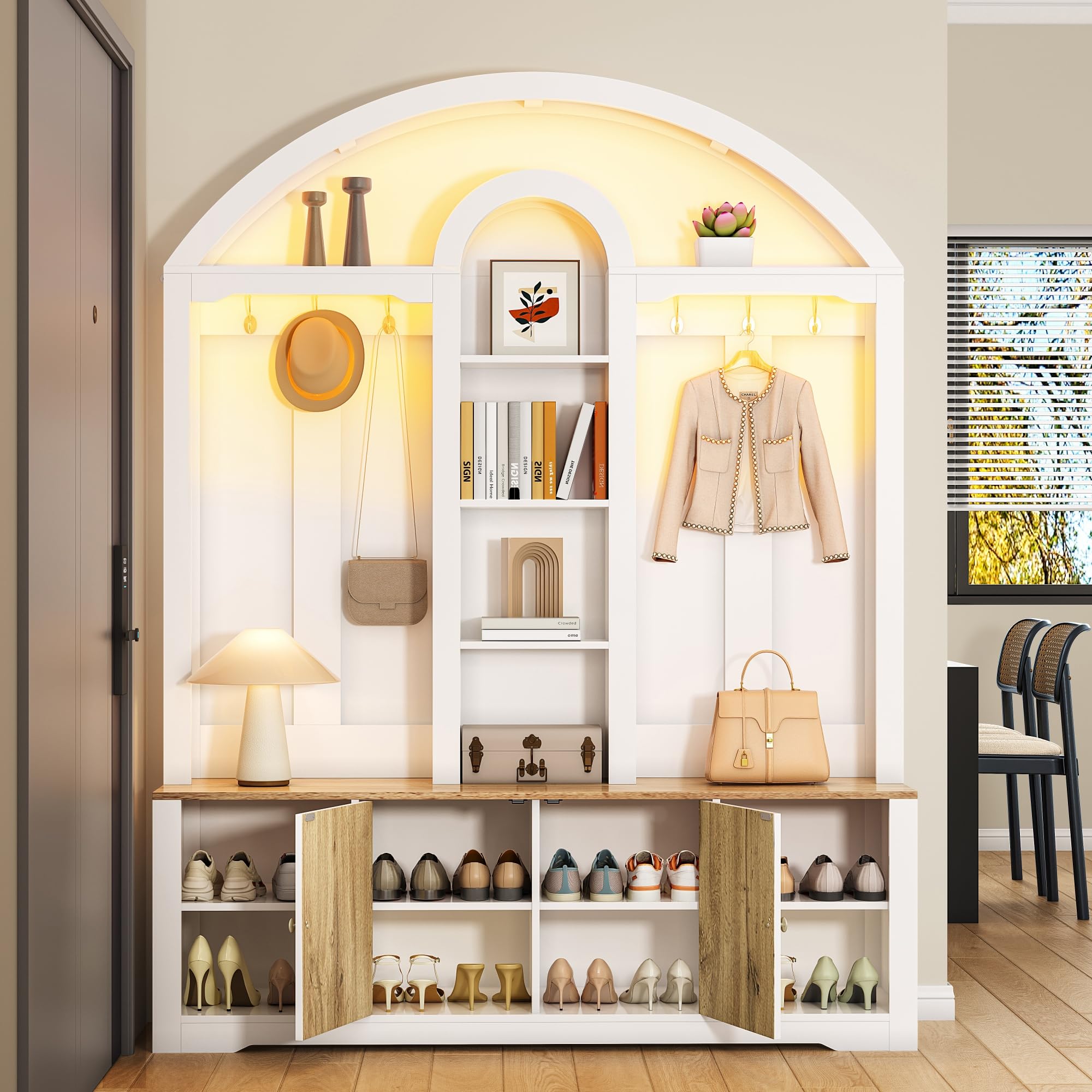 Merax Armoire multifonctionnelle pour entrée avec étagère à chaussures, tablettes et crochets, moderne placard avec design incurvé, double porte de rangement et étagère ouverte, blanc