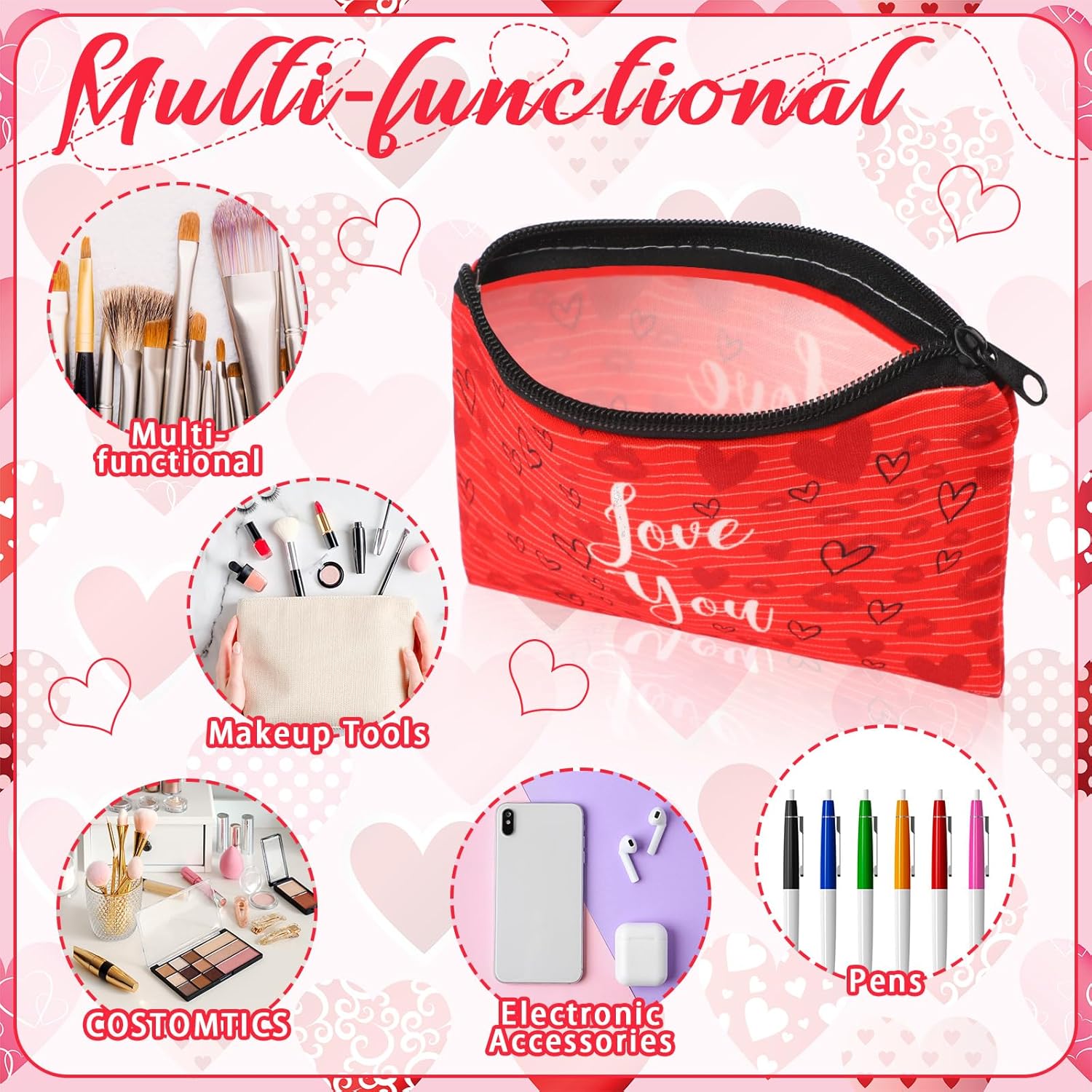 Abbylike 24 Pcs Valentines Day Gifts Bulk Valentines Makeup Bags for Women Cosmetic Bags Toiletry Zipper Pouch Valentine's Day Party Favors for Her(Stylish Style)