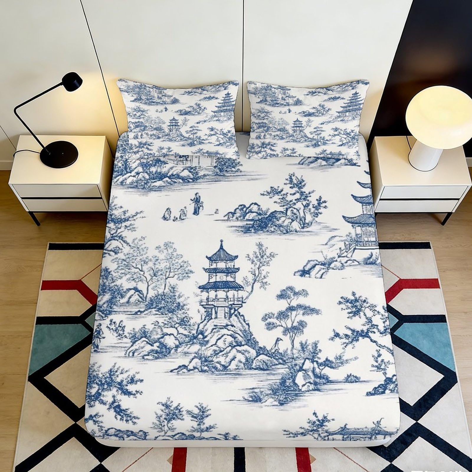 3D Printed Oriental Landscape Fitted Sheet Microfiber Soft Blue Pagoda Mattress Cover for Bedroom Guest Room Decor 90x200x25cm