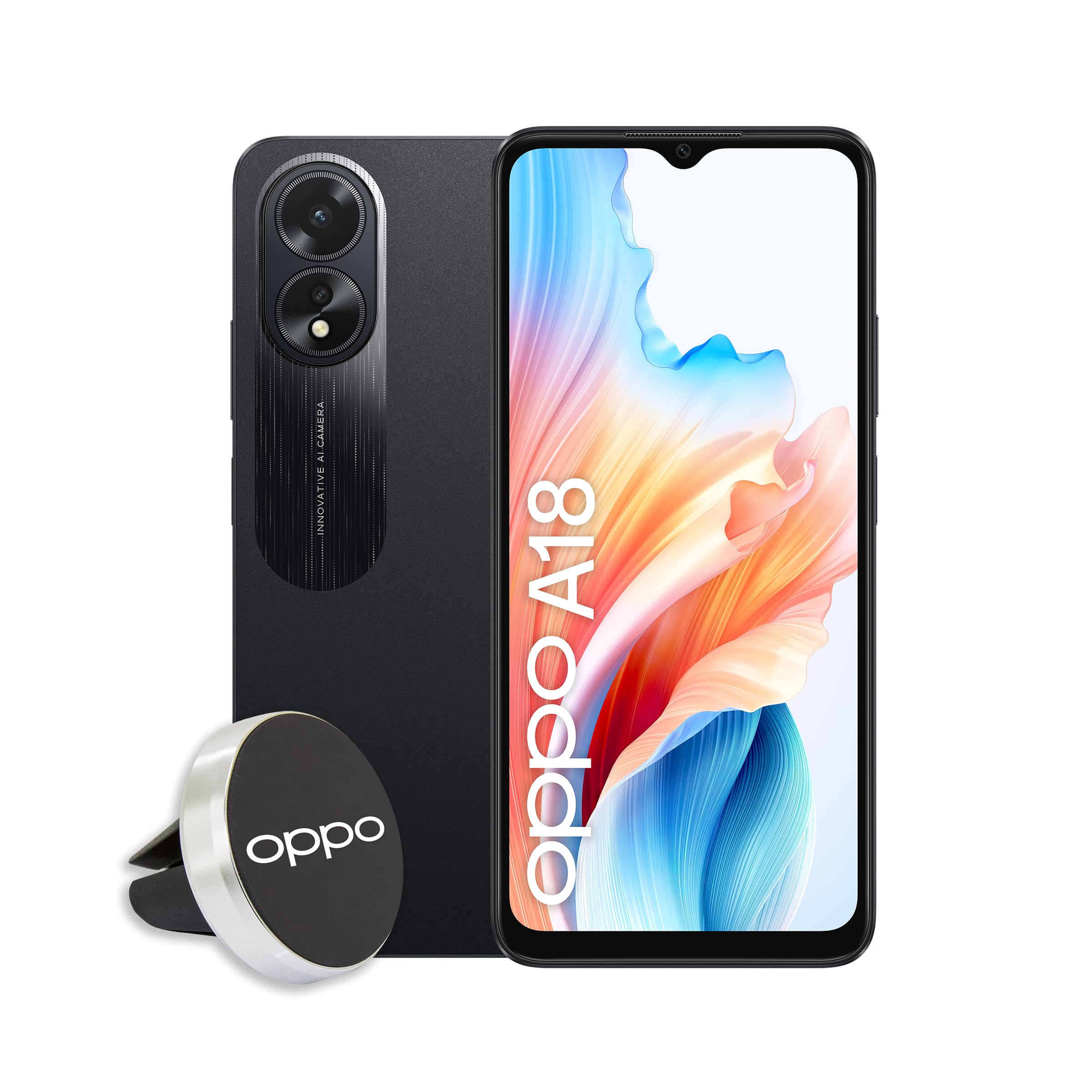 OPPO A18 Smartphone, AI Doppia Fotocamera + Flash, Selfie 5MP, Display 6.56” 90HZ LCD HD+, 5000mAh, RAM 4 (Esp 1GB/2GB/4GB)+ROM 128GB (esp1TB), IP54, Supporto Auto Versione Italia, Glowing Black