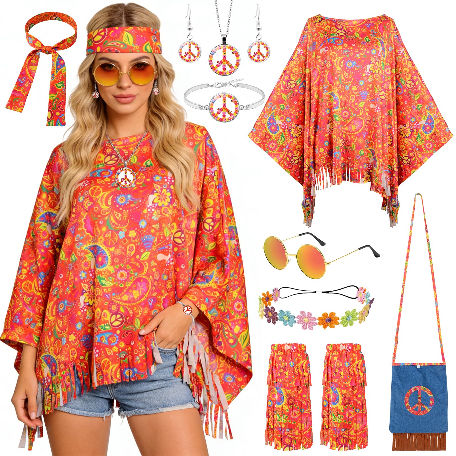 Hippie Kostüm Damen Set, Faschingskostüme Damen, 70er Jahre Outfit Damen mit Hippie Umhang, Bunter Umhängetasche, Sonnenbrille, 60er 70er Jahre Disko Kostüm Kleidung für Karneval Party