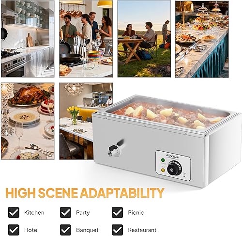 Miniatura 7 de ROVSUN Calentador eléctrico comercial de 21 cuartos de galón, mesa de vapor de acero inoxidable Bain Marie con control de temperatura y tapa para