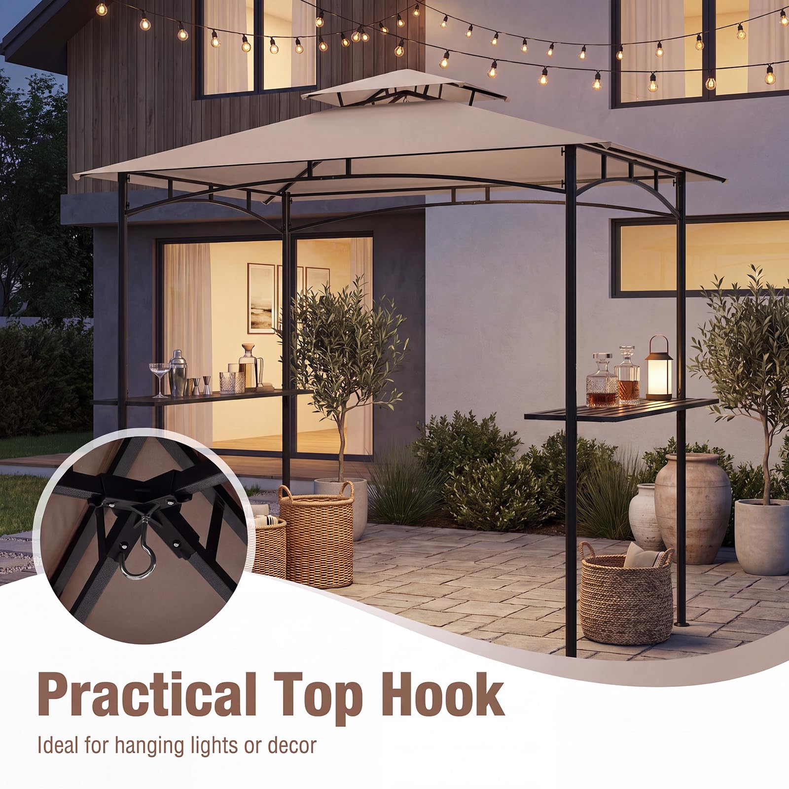 KOMFOTTEU Carpa de Barbacoa con Doble Techo 242 x 150 x 250 cm, Cenador para Jardín con 2 Mesa de Bar y 6 Ganchos, Pérgola de BBQ con Marco de Metal, para Terraza Fiesta Picnic (Marrón)