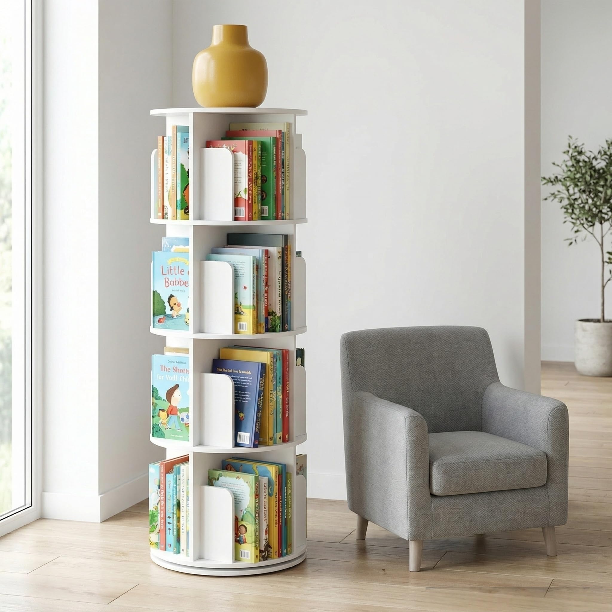 Enfant Bibliothèque Pivotante, 360° Rotative, 4 Niveaux, Étagère à Jouets, Bibliothèque Enfant pour Chambres d'enfants, Bibliotheque Enfant et Salon, Ronde, Blanc