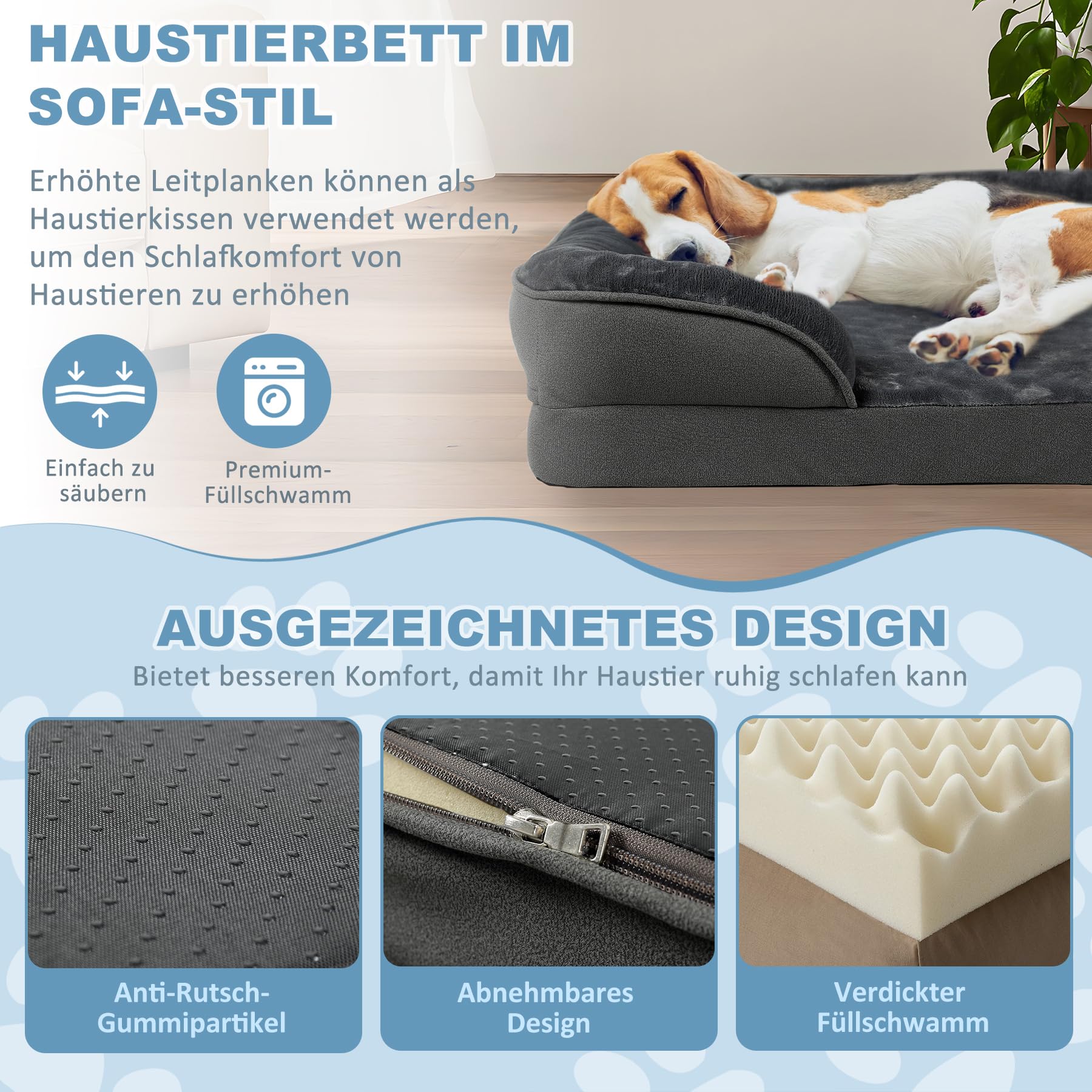 CALIYO Orthopädisches Hundebett für Kleine Hunde – 76×58×16 cm, Hundekissen aus umweltfreundlicher PP-Baumwolle, abnehmbar, waschbar, rutschfestes Hundesofa mit 3 Rändern（Dunkelgrau）