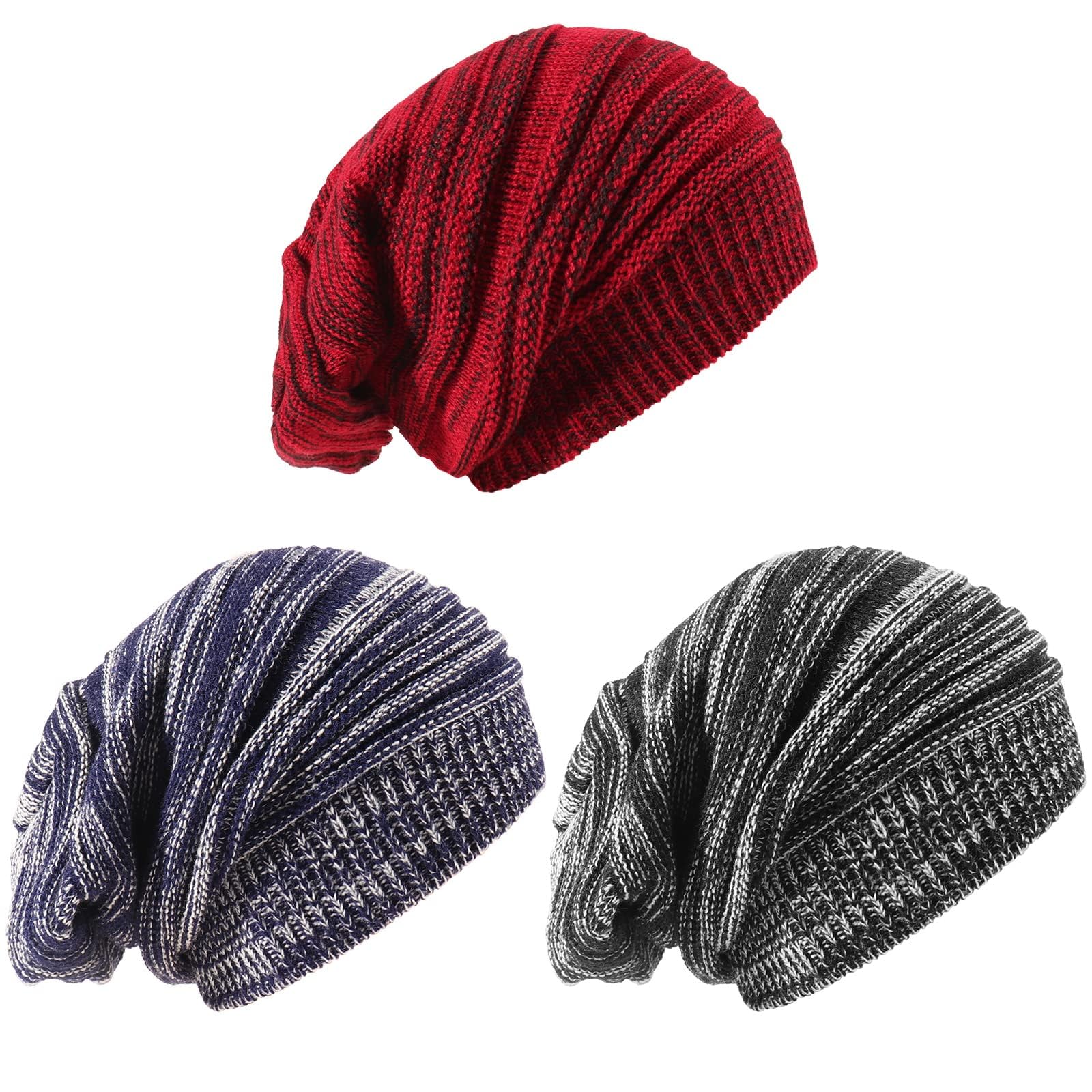 Mens Slouchy Beanie Hats, Winter Hats for Men and Women, Men Women Knit Slouchy Beanie Hats Stretch Oversized Warm Winter Chunky Knit Caps 3 Pcs