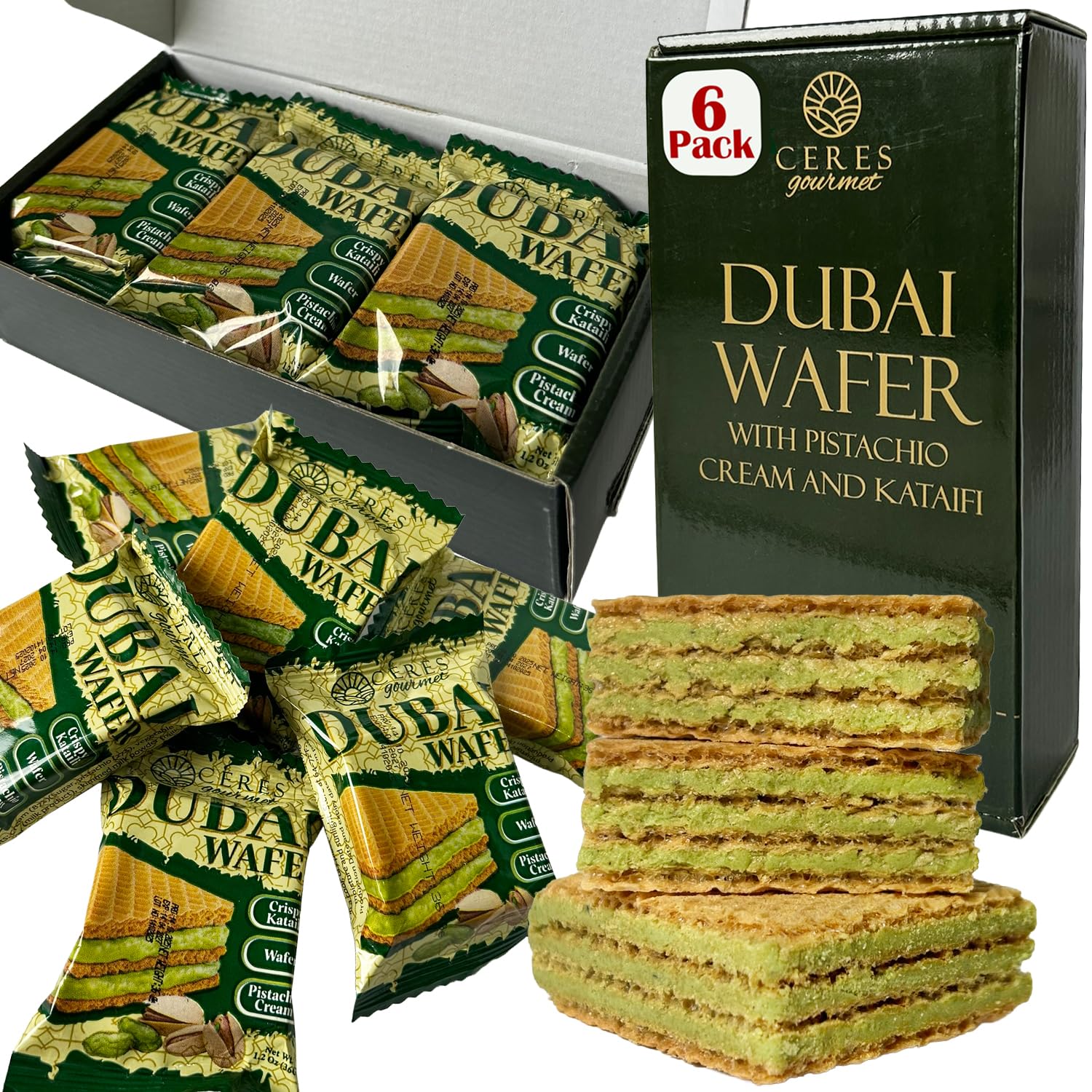 Ceres Gourmet Dubai Pistachio Wafer, 6 Pcs Crispy Kunafa Pistachio Wafer in Individually Pack – Gourmet Dubai Wafers for Christmas, Thanksgiving, and All Special Occasions