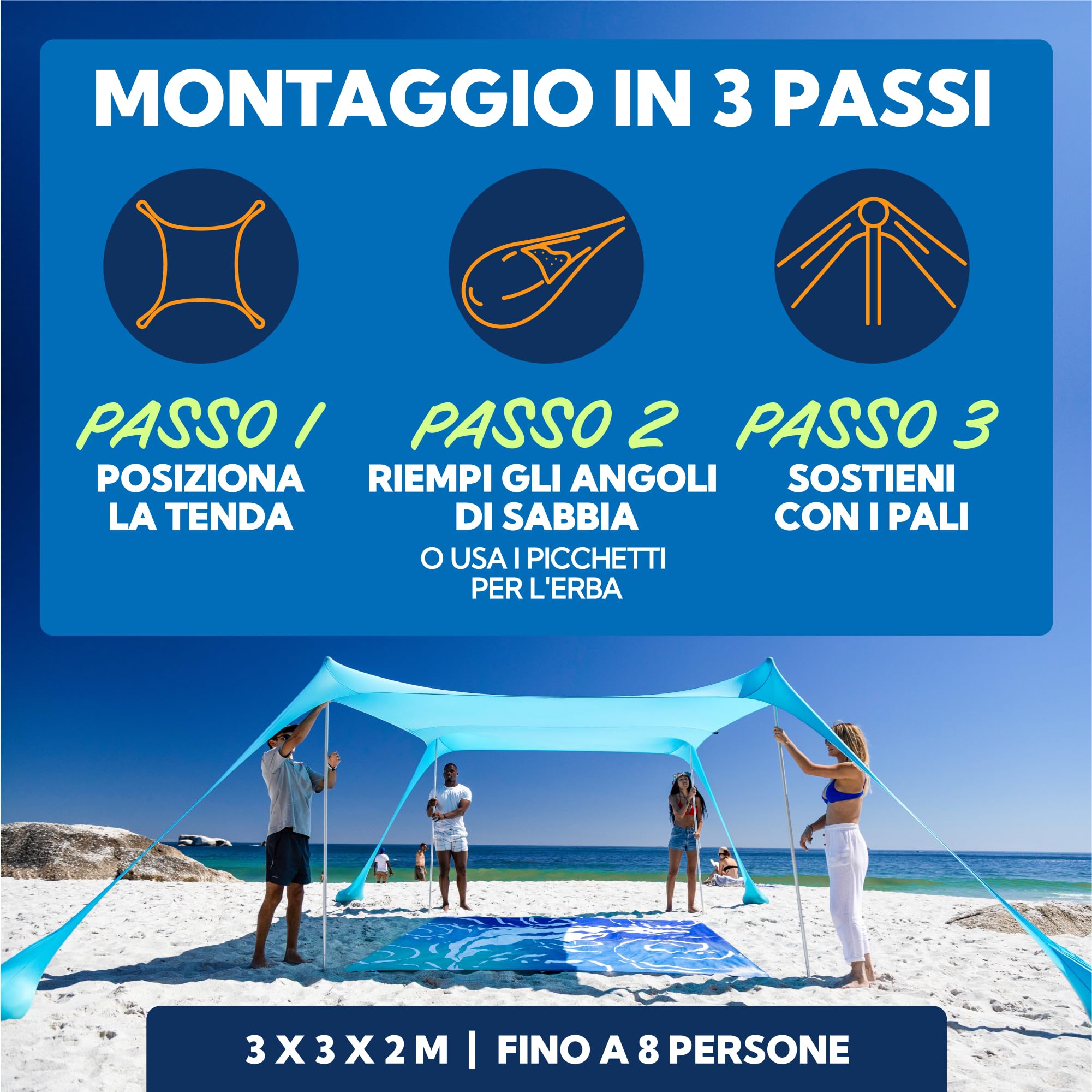 SUN NINJA Tenda da Spiaggia Portatile - Tenda da Sole per Mare - Parasole Pop Up Grande per Campeggio e Picnic - Protezione UV UPF 50+ - Borsa e Accessori Inclusi