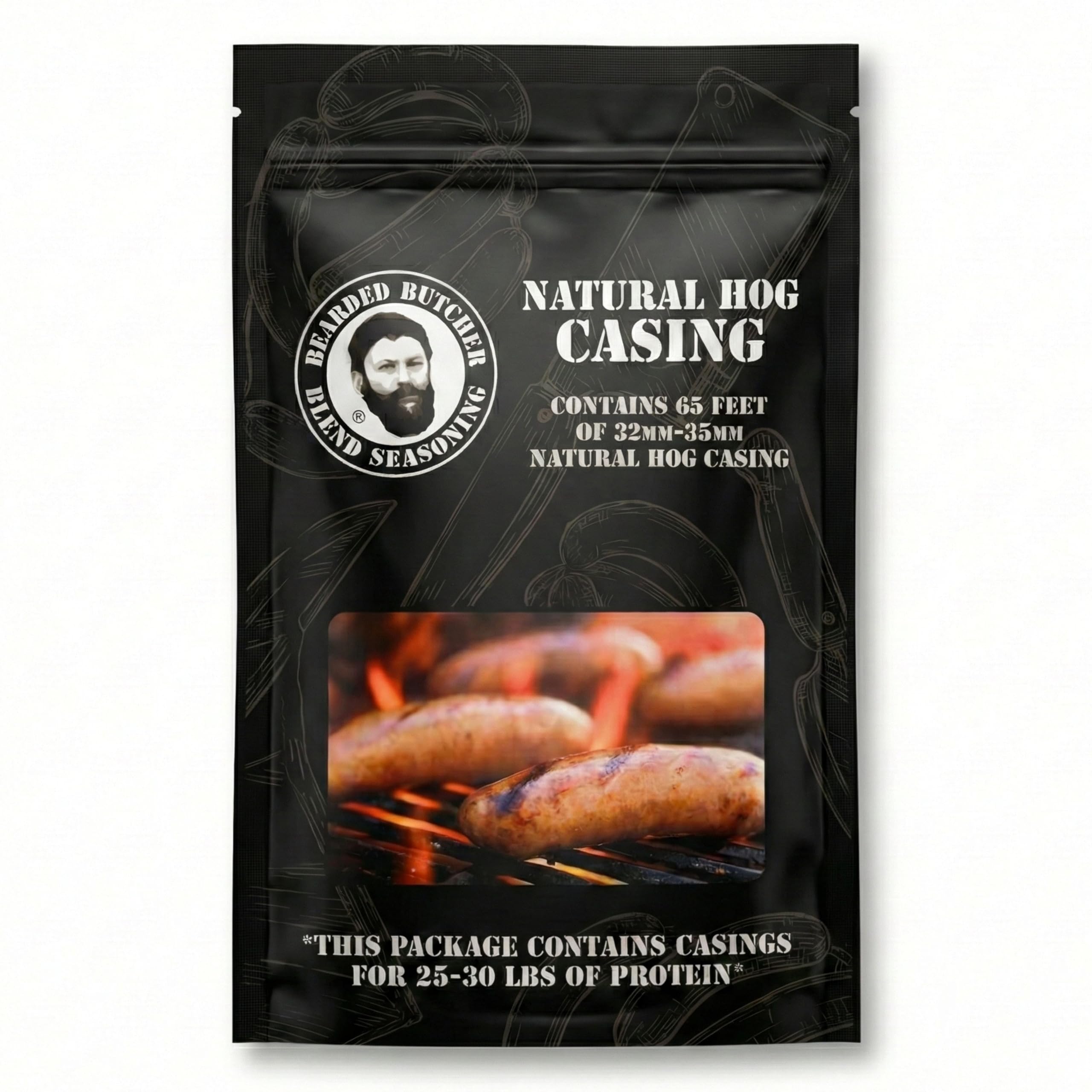 Bearded Butchers Natural Hog Casings 32-35mm (1.25–1.38") – Edible Sausage Casing for Up to 25–30 lbs of Protein – Resealable Bag for Easy Storage – Bratwurst, Italian, Polish, Hot Dogs – Pre-Flushed, Soak & Stuff