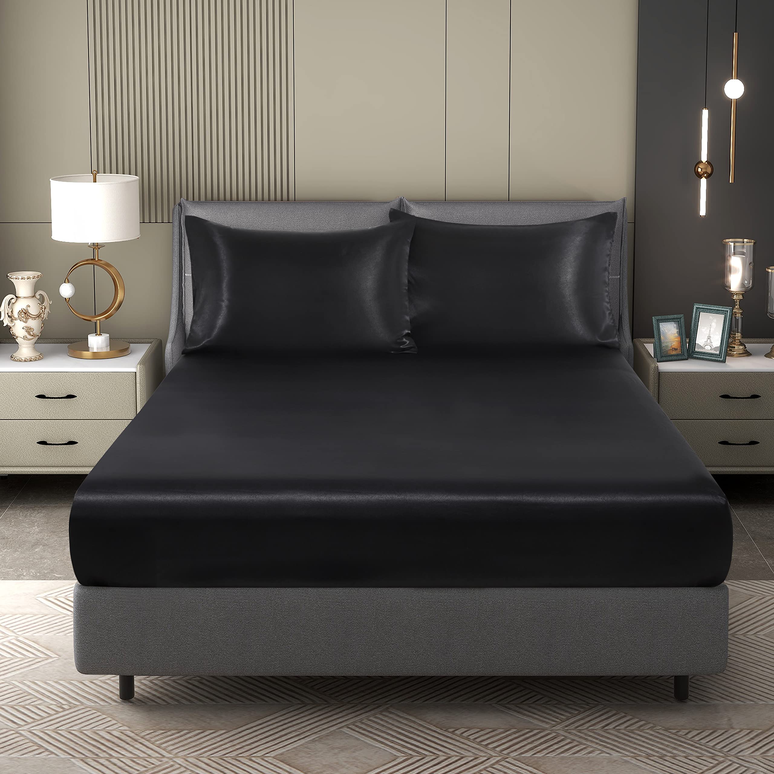 3 Pieces Satin Queen Fitted Sheet Pillowcase Set Luxury Silky Soft Satin Bed Sheets with 1 Deep Pocket