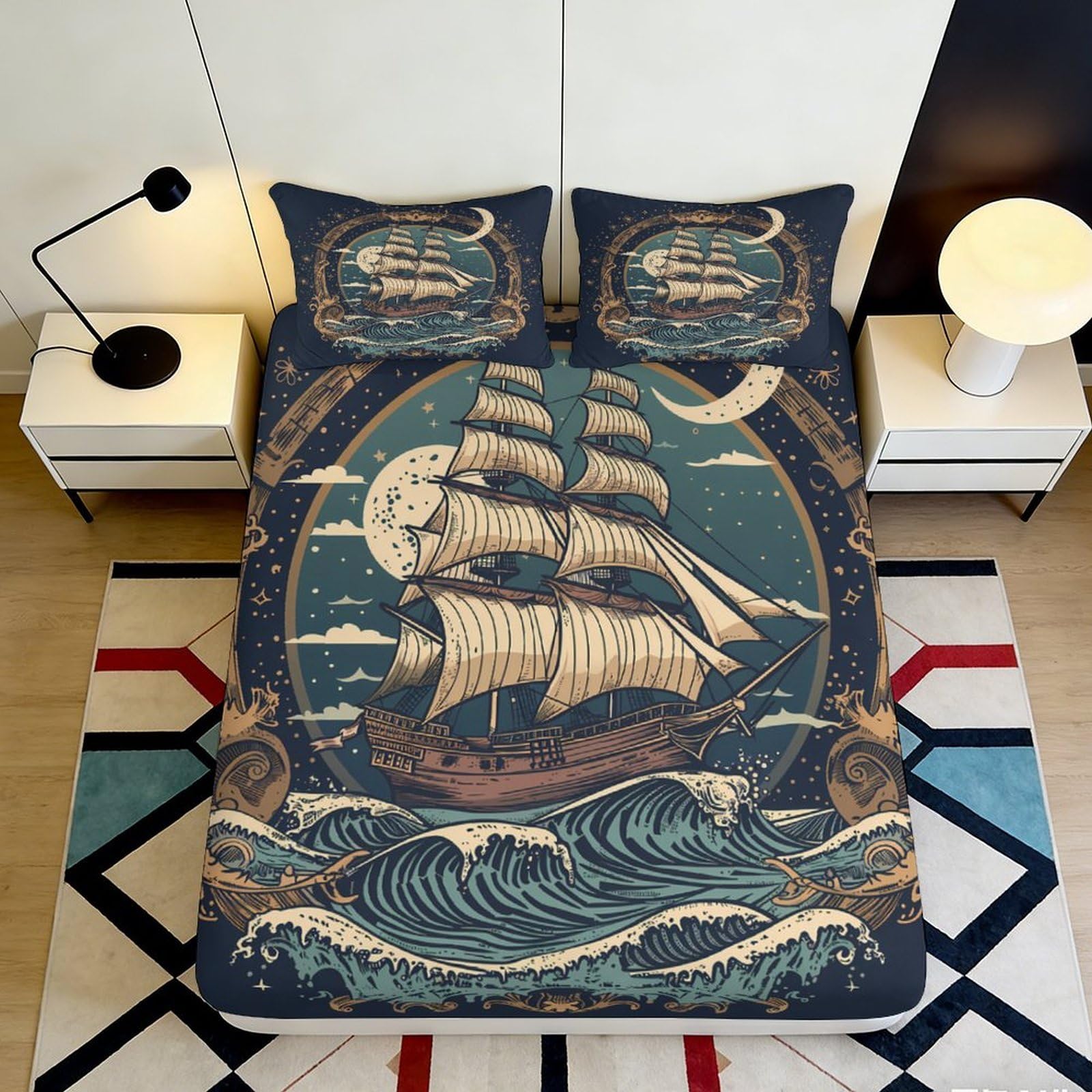 3D Printed Vintage Sailing Ship Fitted Sheet Microfiber Soft Breathable Ocean Waves Mattress Cover Bedroom Decor 140x200x25cm