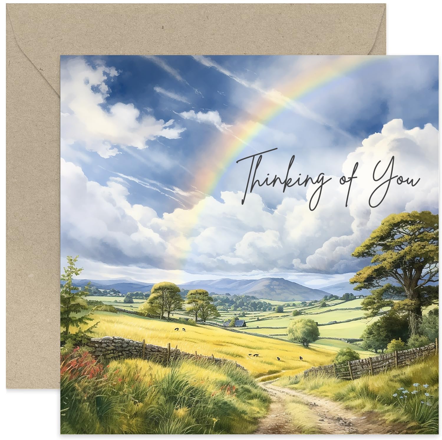 Old English Co. Rainbow Thinking of You Cards for Friends - Thinking of You Card for Men and Women - Rainbow Countryside Scene Background Sympathy
