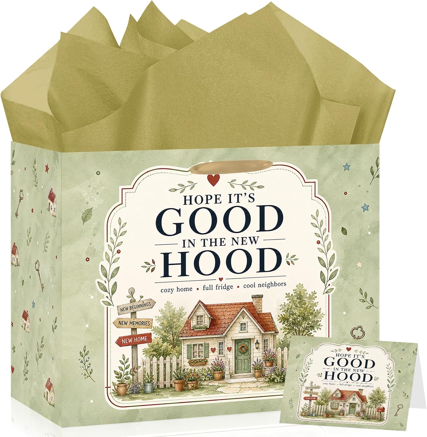 Sage Green Housewarming Gift Bag New Home Bag with Tissue Paper and Card