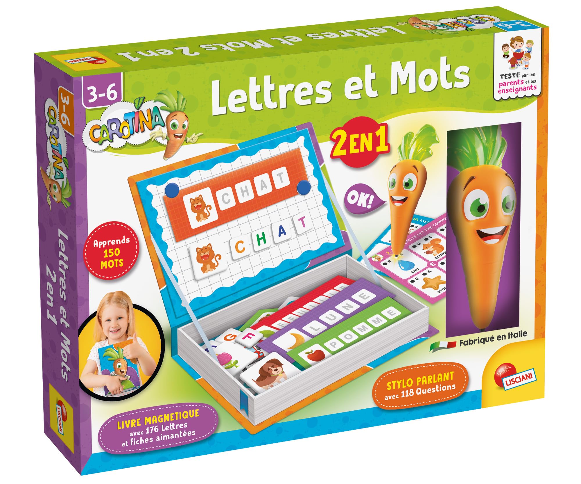 Lisciani - CAROTINA - Lettres et Mots 2 en 1 - Jeu Éducatif pour Enfants dès 3 Ans - Apprendre Les Lettres - Jeu Magnétique Intéractif avec Stylo Parlant - Activité Préscolaire - Jeu Électronique