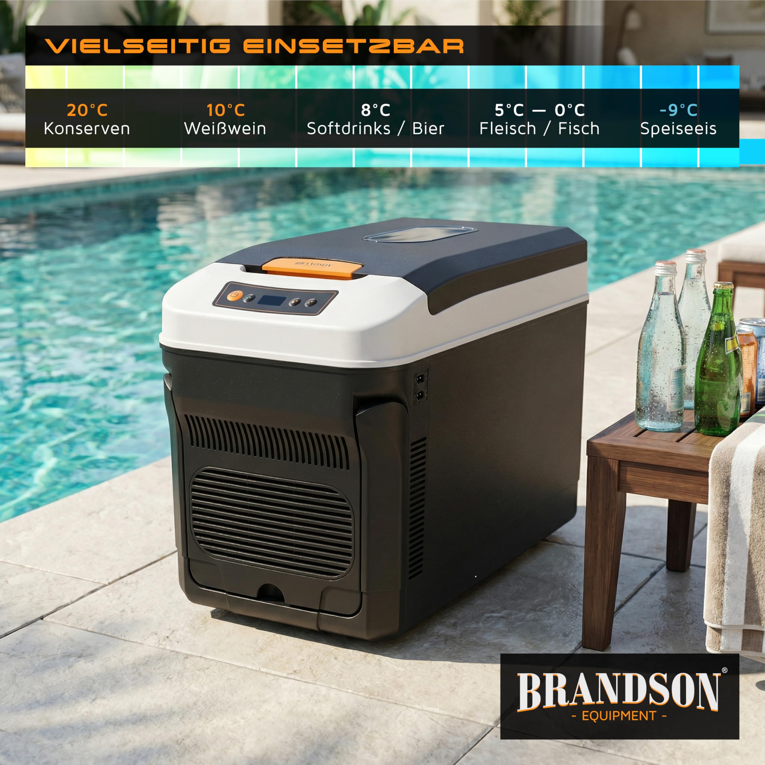 Brandson - Kühlbox 32 Liter elektrisch – Thermobox – 12v 230v – kühlt und wärmt – mit Kfz-Anschluss – extra leiser ECO Modus – für kalte und warme Speisen – für zu Auto Boot Camping Garten u.v.m.