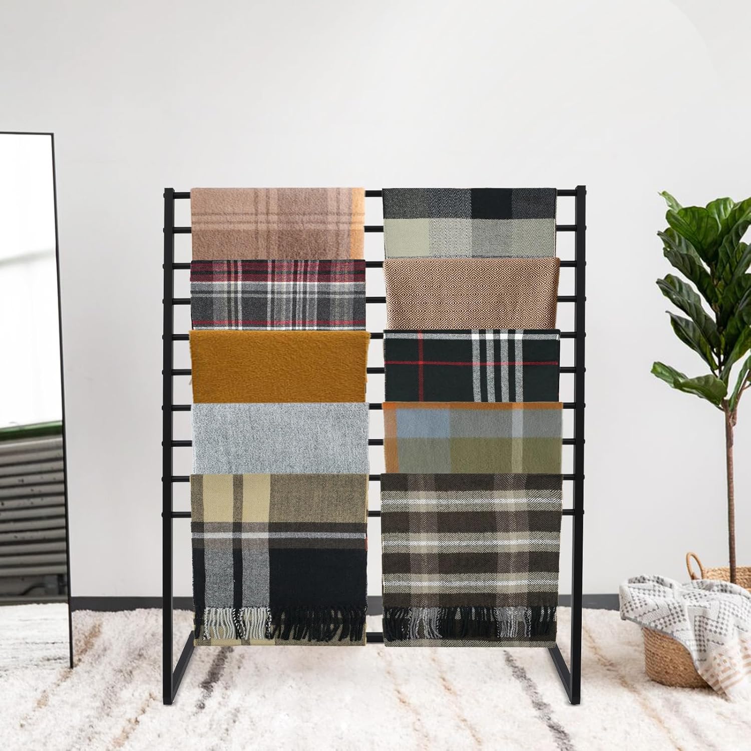 10 Tier Metal Scarf Display Stand, Scarf Holder Organizer, Freestanding Scarf Rack for Commercial Clothing Retail Store Towel Rack Ties Belt Pants Hanging Rack (Black)