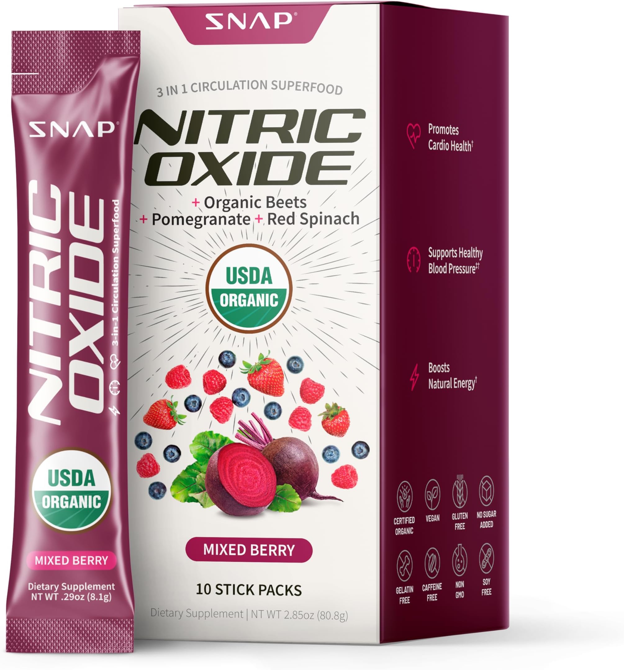 Organic Beet Root Powder Nitric Oxide Supplement for Men & Women with Red Spinach, Supports Healthy Energy & Blood Pressure Already in Normal Range, 10 Stick Packs, Mixed Berry