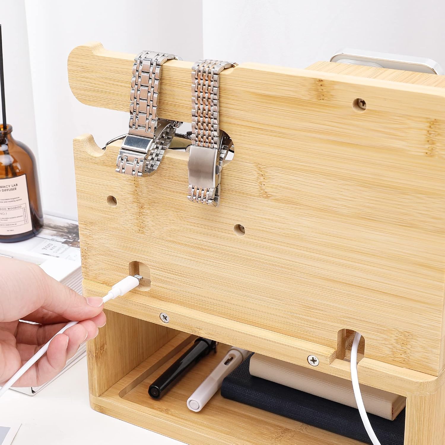 Homde Charging Station Bamboo Docking Nightstand Organizer Storage for Mobile Cell Phone Smartwatch Keys Laptop Tablet Electronic Accessories, Gift for Men Women Father Husband