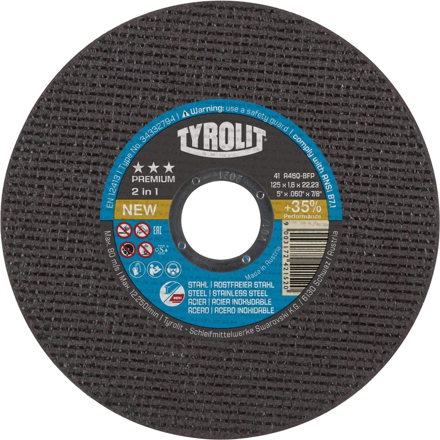 TYROLIT PREMIUM Super-Thin Cutting Disc for Stainless Steel -- 125 x 1.0 x 22.23 mm (Pack of 25)