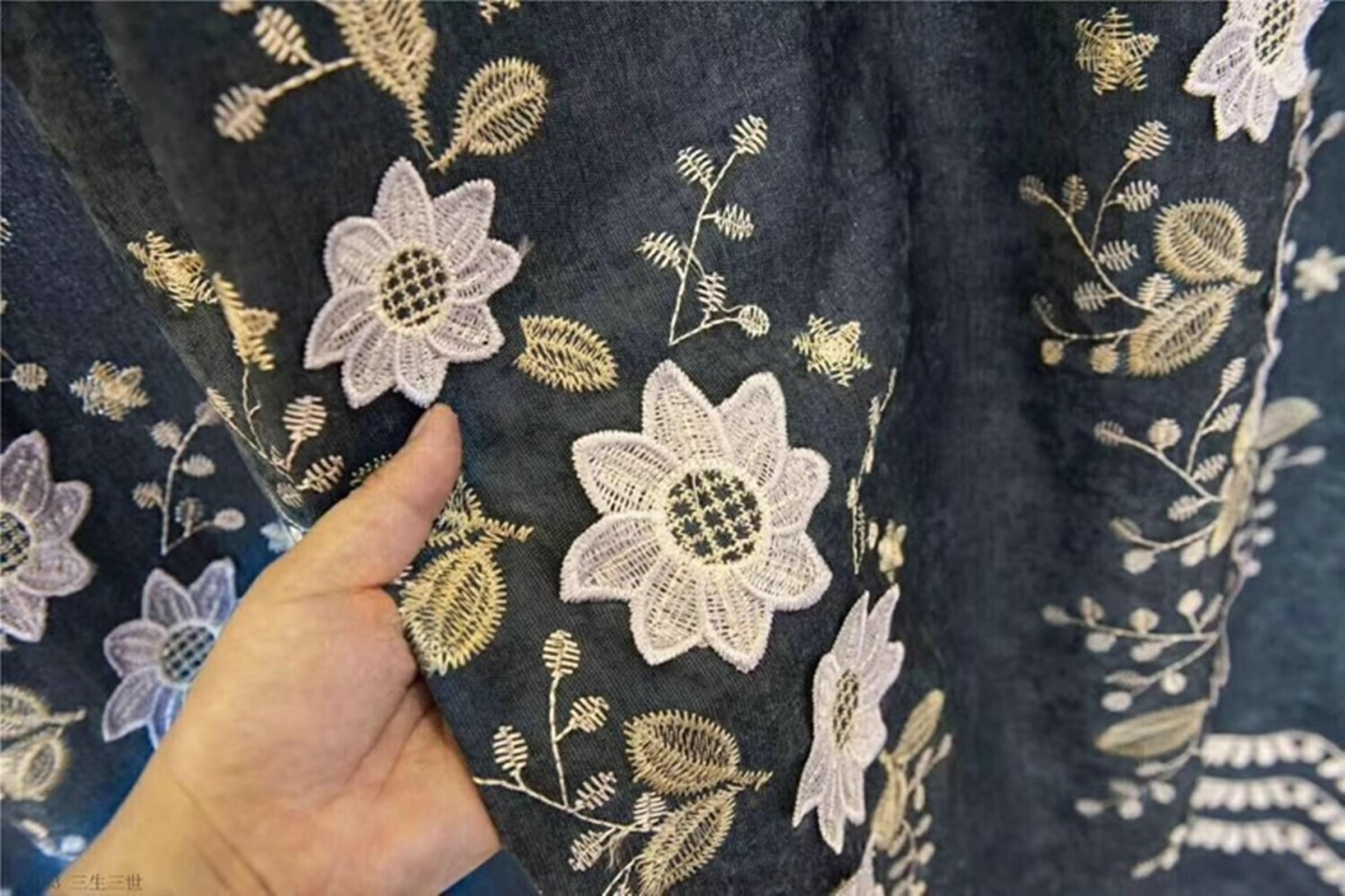 Zasłona okienna do łazienki, zasłona do sypialni dla dorosłych boho niebieskie haftowane kwiaty i liście szenilowe zestaw 2 szt. 86 W x 115 L cm