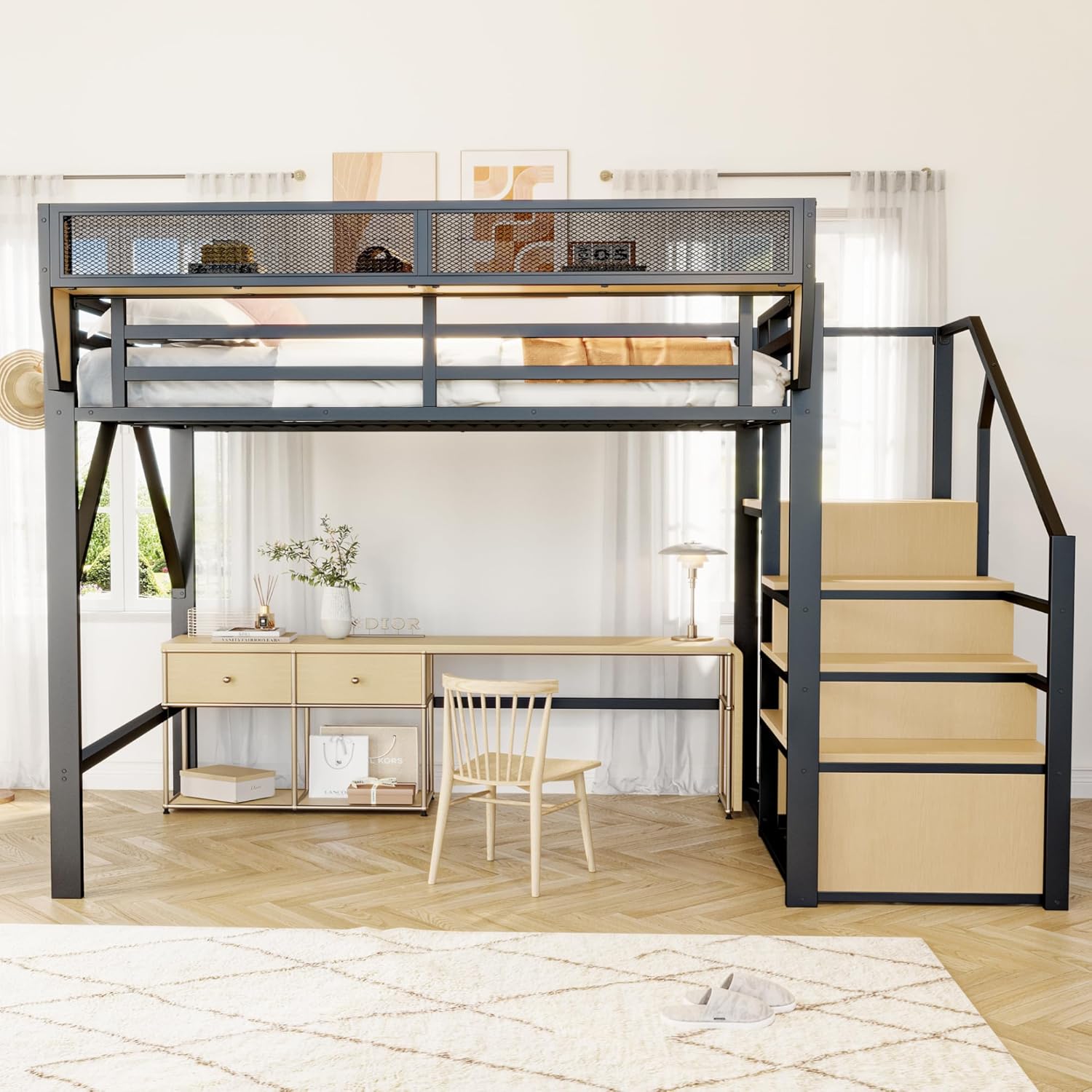 Merax Metal Loft Bed in a bright room, featuring a desk and chair underneath, and a neatly made bed with pillows and blankets.