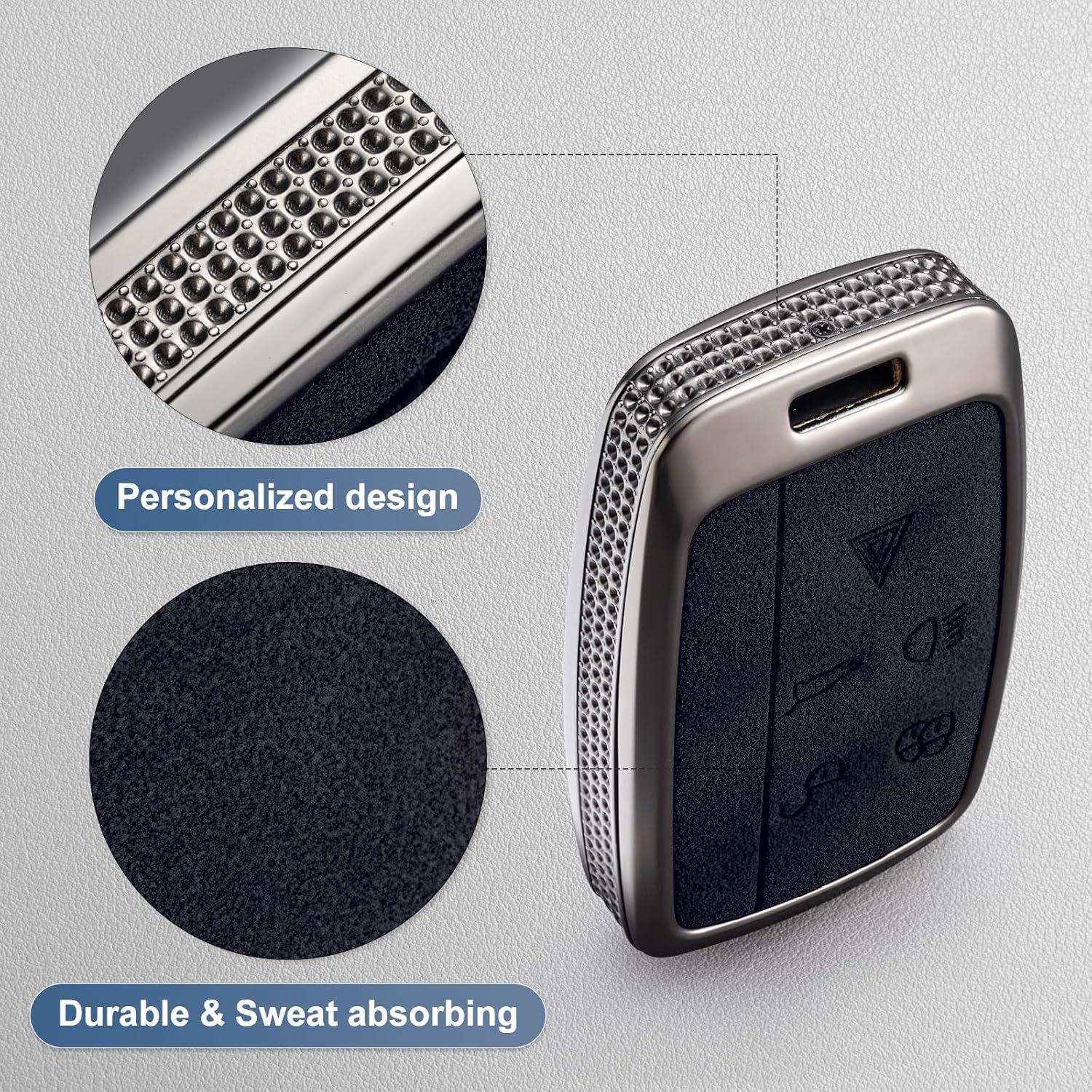 YO&YOYE Compatible with Land Rover Key Fob Cover with Keychain Leather Key Case Protector for Range Rover Evoque Sport Velar Land Rover Discovery Jaguar F-Pace F-Type XE XEL XF XFL XJ (Model1, Black) - Image 4