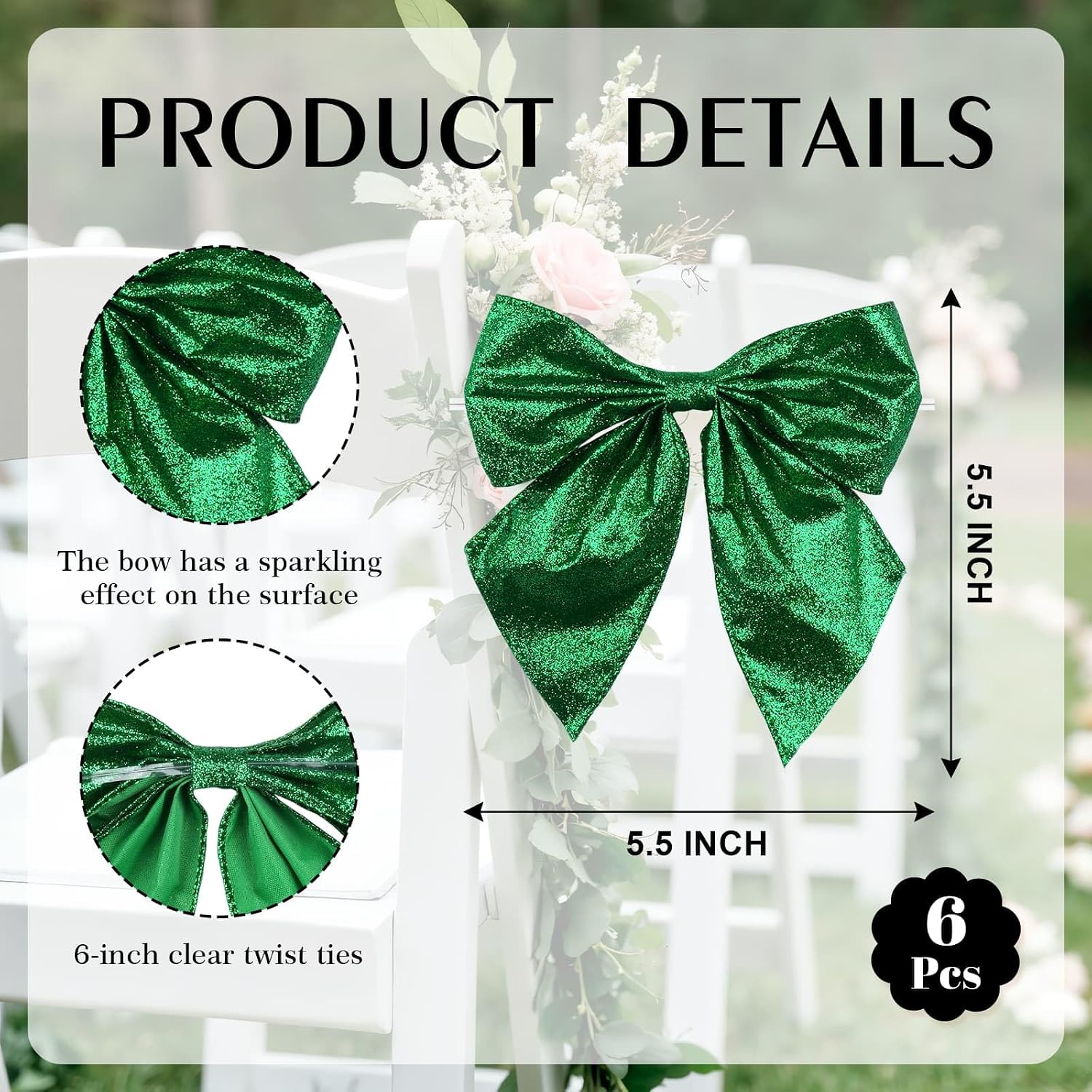 YKW 6 PCS Green Glitter Bow Decorations with 6" Twist Tie - Large 5.5x6 Ribbon Wreaths Ornaments for Christmas St Patrick Holiday Party Garden Home Decor image 2