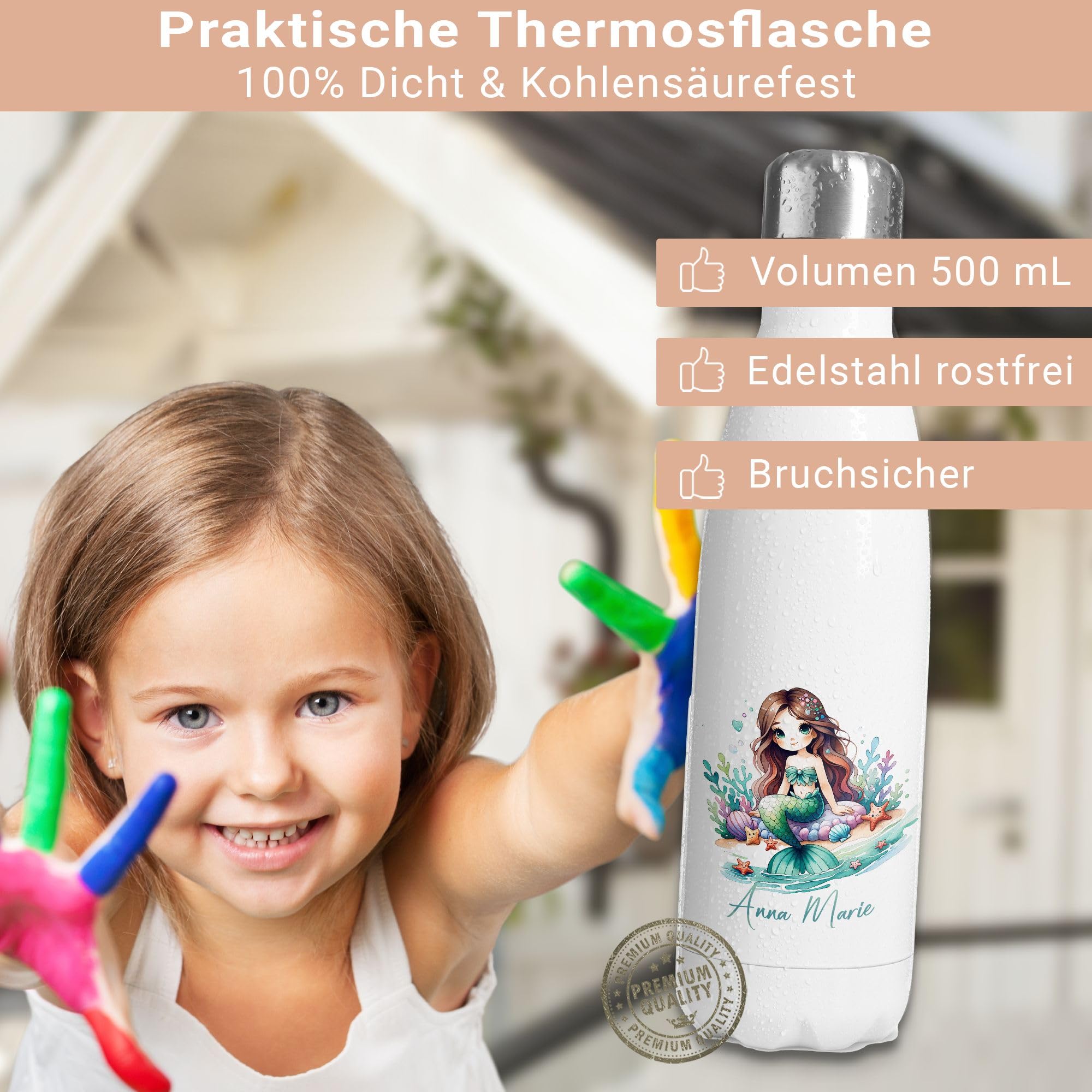 timalo Kinder Schulset Brotdose, Trinkflasche, Turnbeutel personalisiert mit Namen | Set Wasserflasche Edelstahl | Lunchbox mit Trennwand | Geschenk zur Einschulung & Kindergarten | 14 - Meerjungfrau