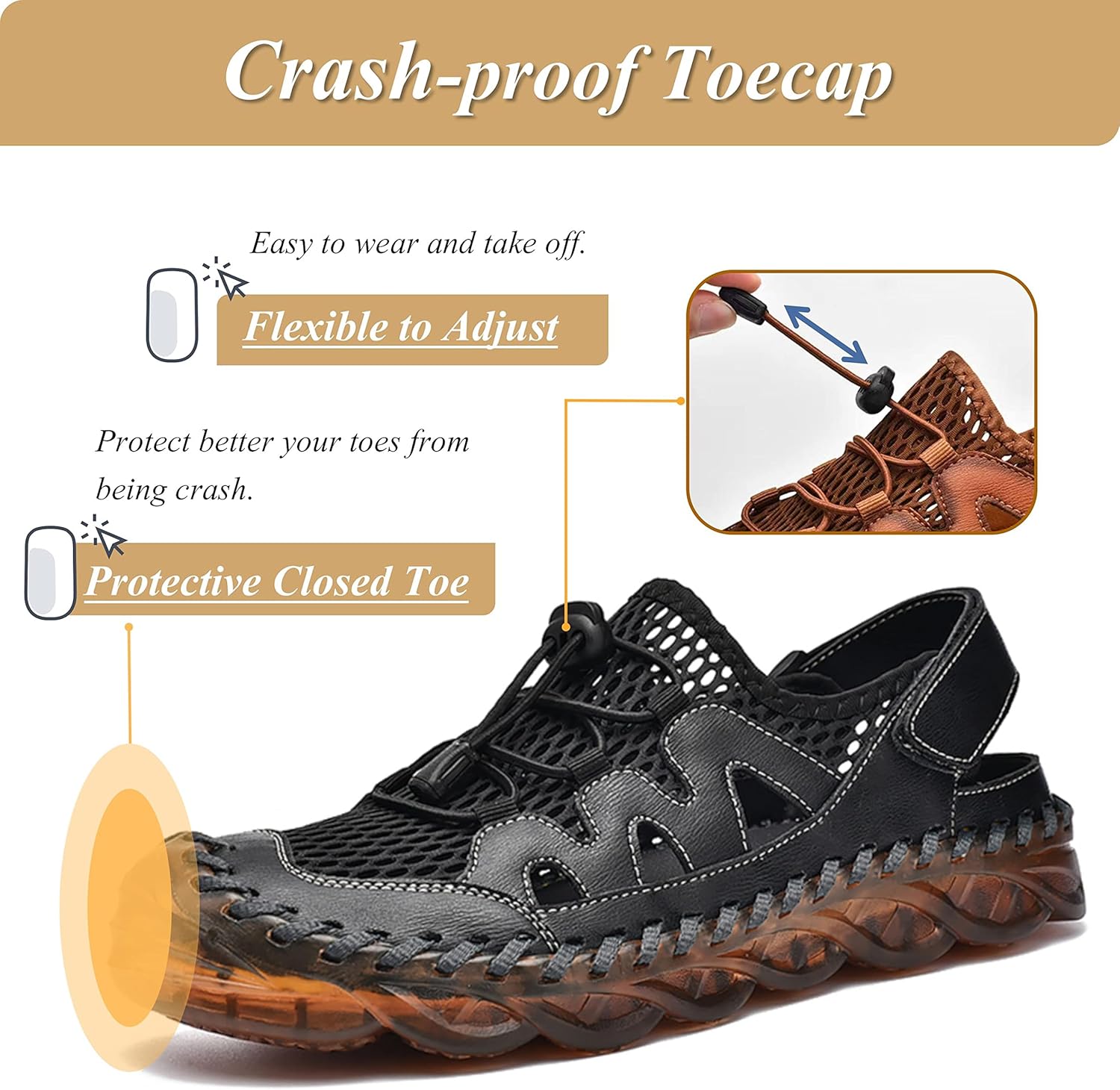 Qiucdzi Mens Closed Toe Sandals, Sport Sandals Casual Leather Handmade Sandals Adjustable Fisherman Beach Sandals For Outdoor Walking Driving,Black.